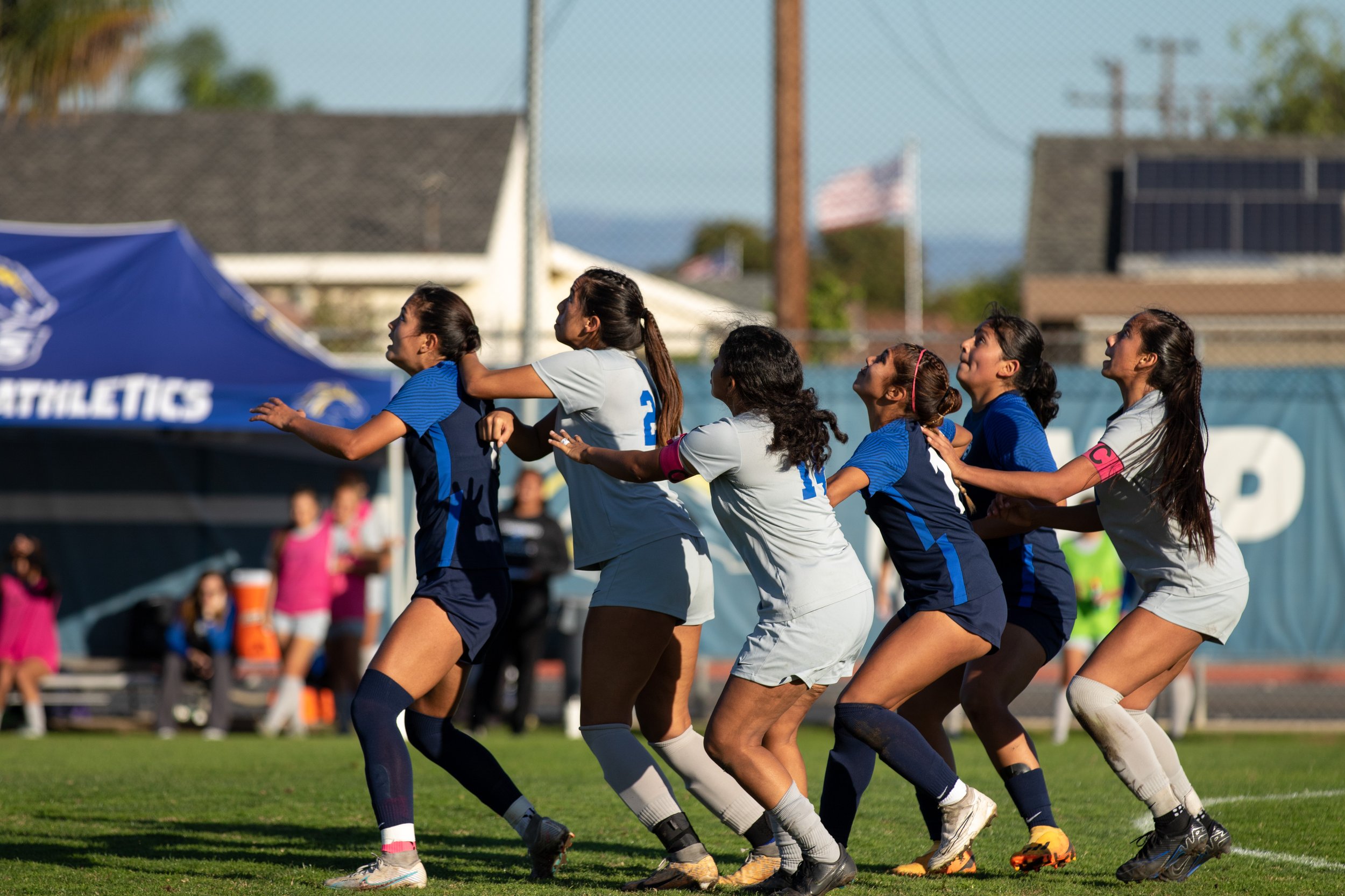 Santa Monica Corsairs and Cypress Chargers anticipate the ball during the women's soccer match on Saturday, Nov. 25, 2023 at Cypress College in Cypress, Calif.  (Akemi Rico | The Corsair) 