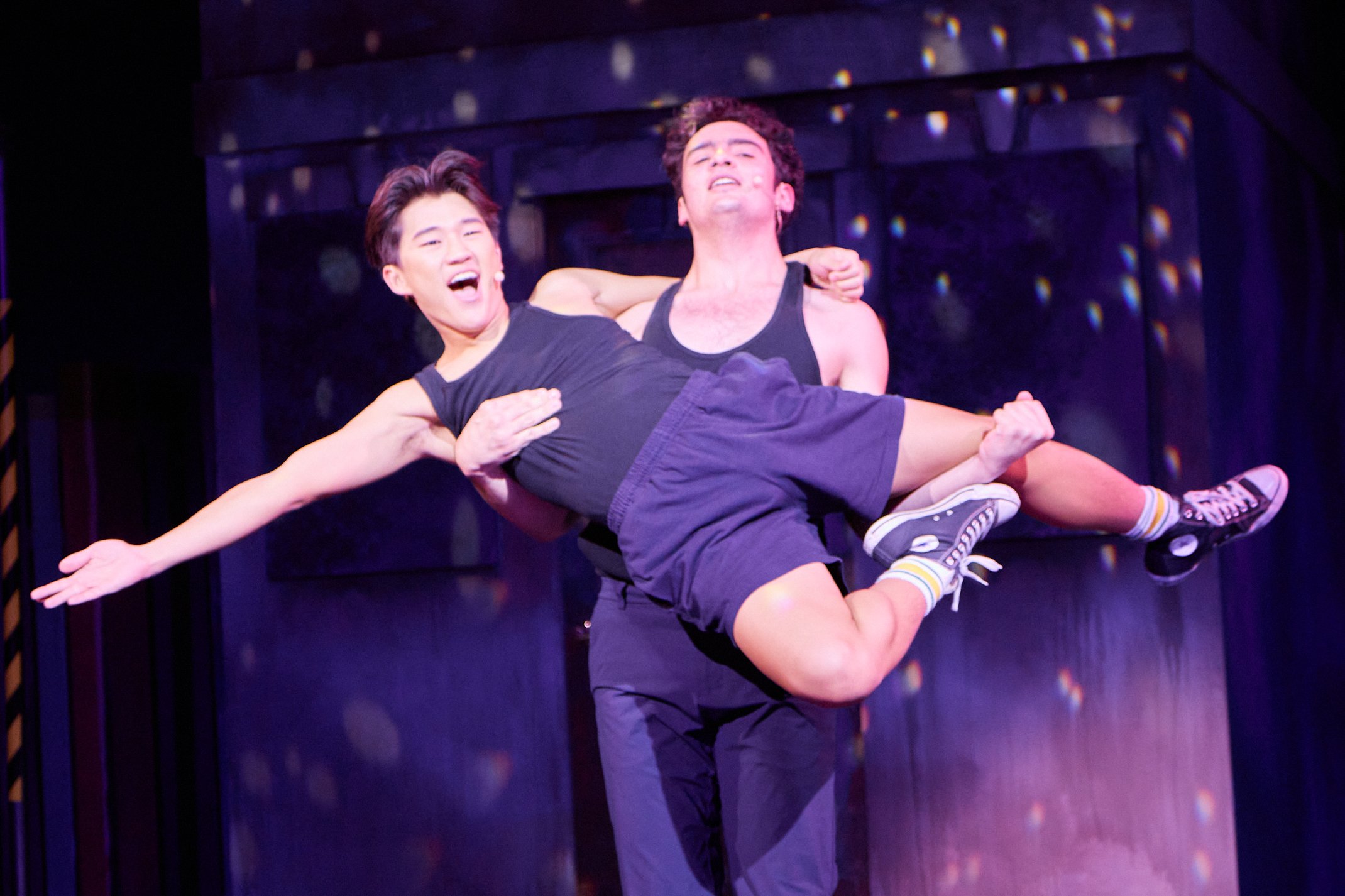  Jack Linderman holds Auryn Rothwell while performing a ballet during the song "Fantasies Come True" at a dress rehearsal of Avenue Q at SMC theatre arts building, Santa Monica, Calif., on Thursday Nov. 30, 2023. (Danniel Sumarkho | The Corsair) 