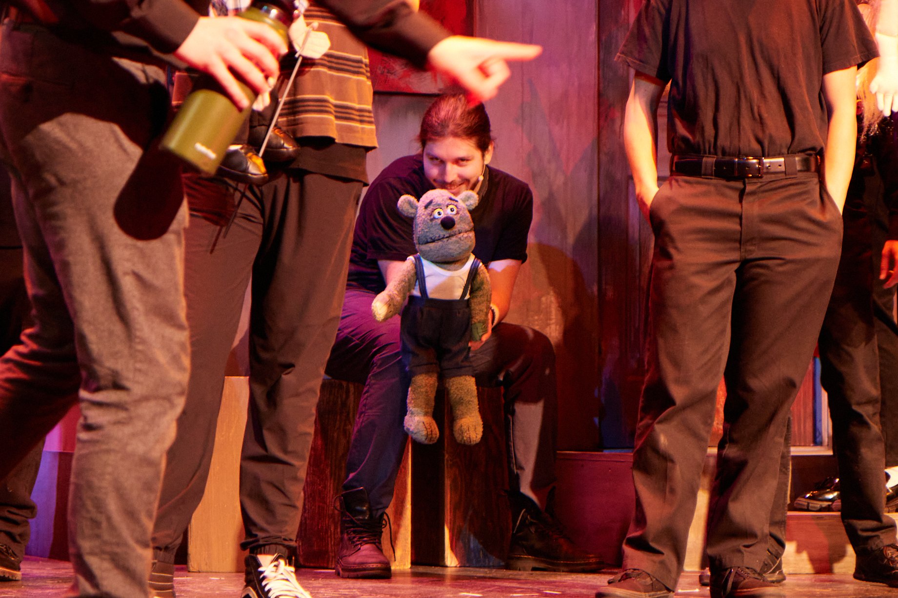  Jack Linderman pose with his character "The Bad Idea Bear" before a dress rehearsal of Avenue Q at SMC theatre arts building, Santa Monica, Calif., on Thursday Nov. 30, 2023. (Danniel Sumarkho | The Corsair) 