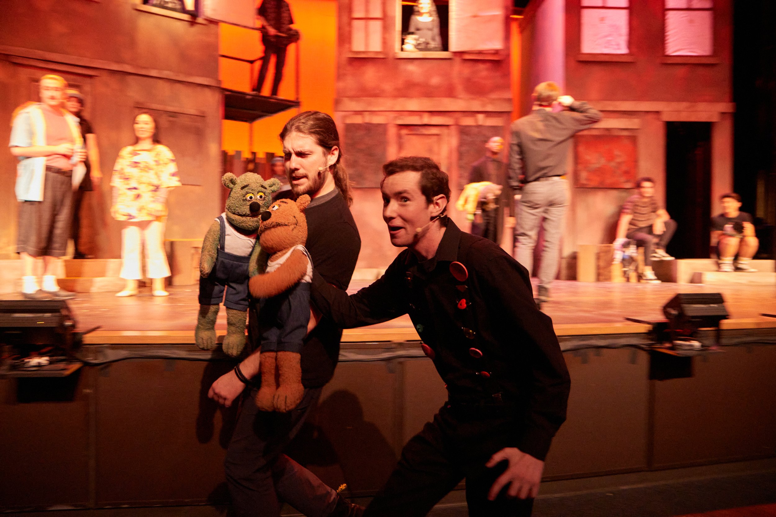  The Bad Idea Bears played by Jack Linderman (L) and Auryn Rothwell (R) during a dress rehearsal of Avenue Q at SMC theatre arts building, Santa Monica, Calif., on Thursday Nov. 30, 2023. (Danniel Sumarkho | The Corsair) 