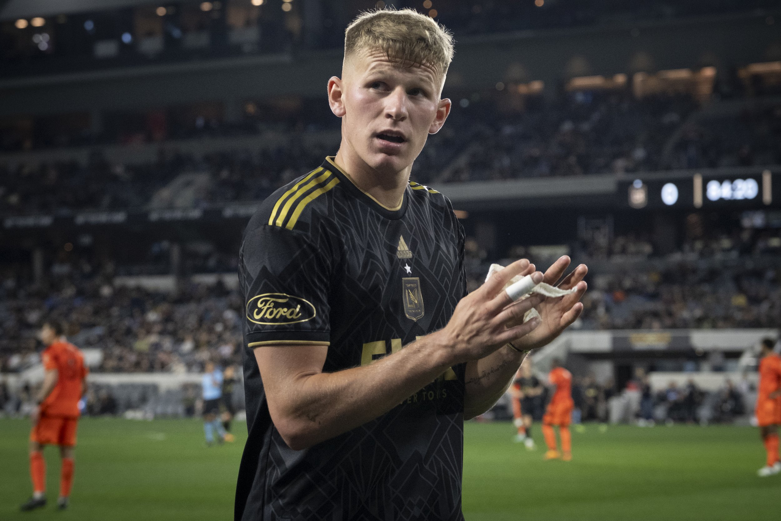  Mateusz Bogusz, Midfielder #19 of LAFC walks off the field. Los Angeles Football Club (LAFC) and Houston Dynamo FC faced off in a Major League Soccer (MLS) match on Wednesday, June 14, at the Bank of Montreal (BMO) Stadium in Los Angeles, California