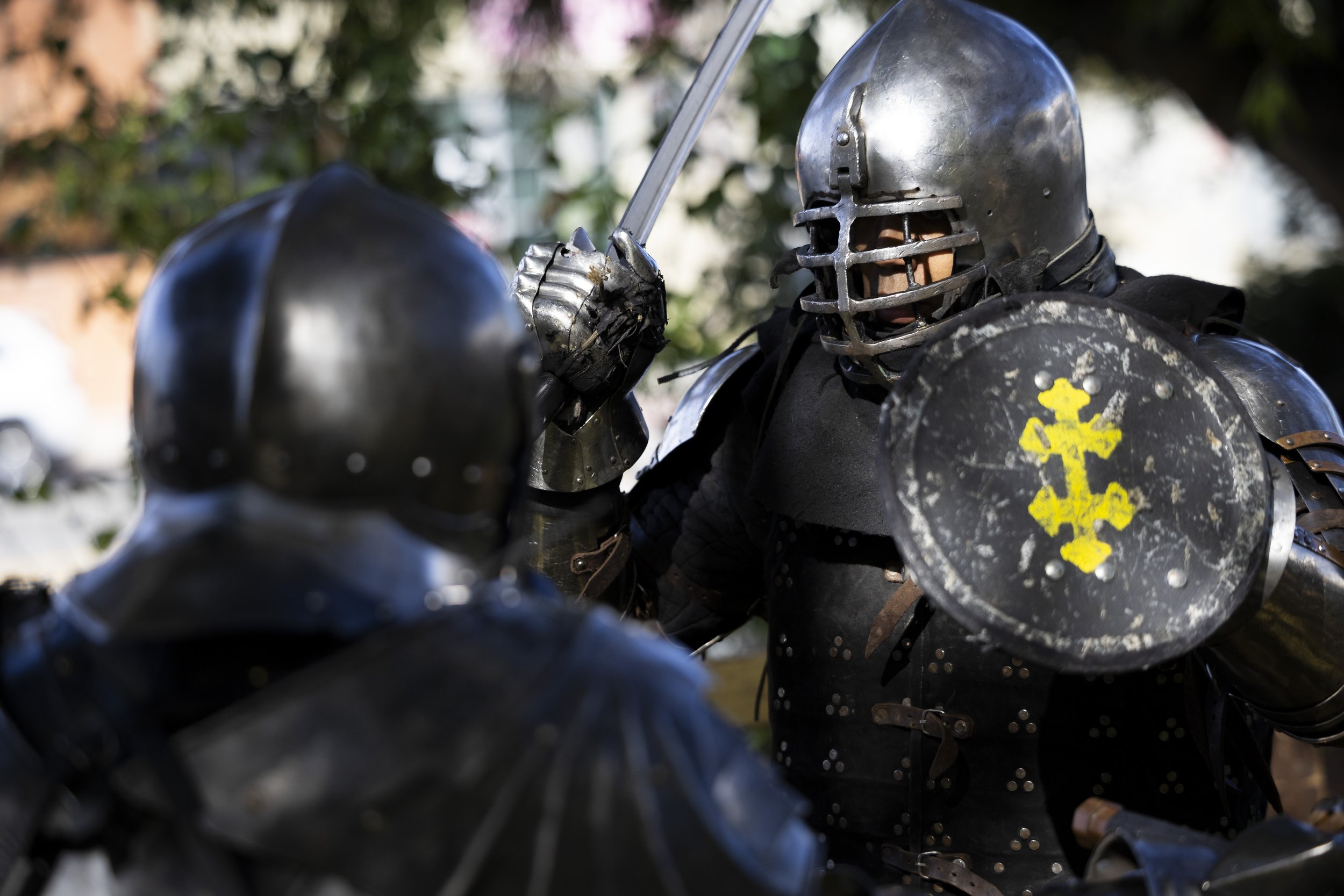  Members of the Los Angeles Golden Knights, a buhurt team, fight during a practice match at Culver City Park in Culver City, Calif., on Saturday, Dec. 9, 2023. Buhurt, otherwise known as armored combat, is a full contact fighting sport which fighters