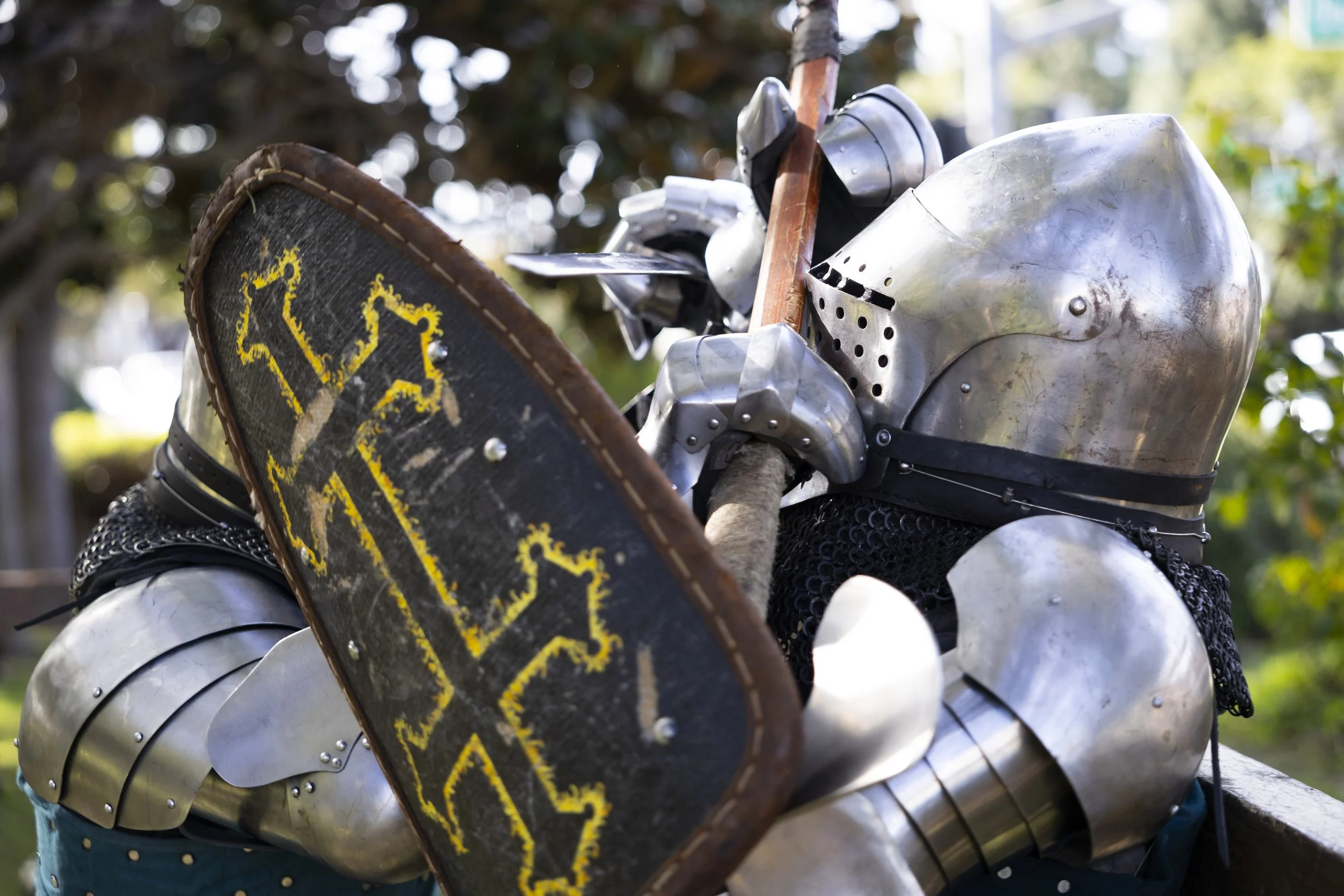  Members of the Los Angeles Golden Knights, a buhurt team, fight during a practice match at Culver City Park in Culver City, Calif., on Saturday, Dec. 9, 2023. Buhurt, otherwise known as armored combat, is a full contact fighting sport which fighters