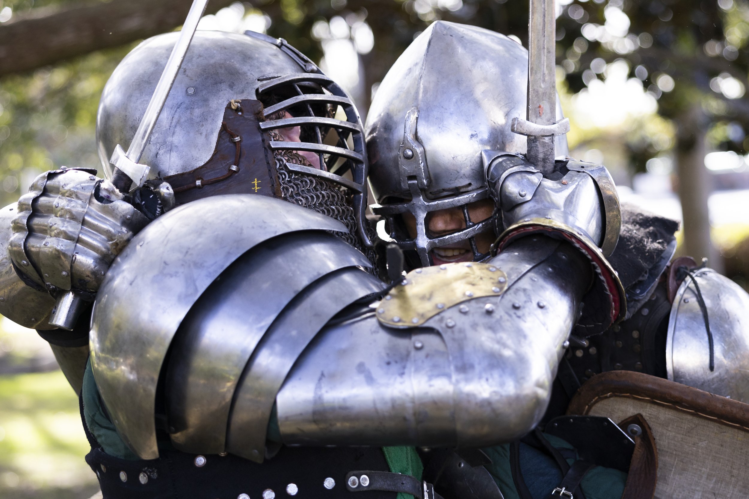  Members of the Los Angeles Golden Knights, a buhurt team, fight during a practice match at Culver City Park in Culver City, Calif., on Saturday, Dec. 9, 2023. Buhurt, otherwise known as armored combat, is a full contact fighting sport which fighters