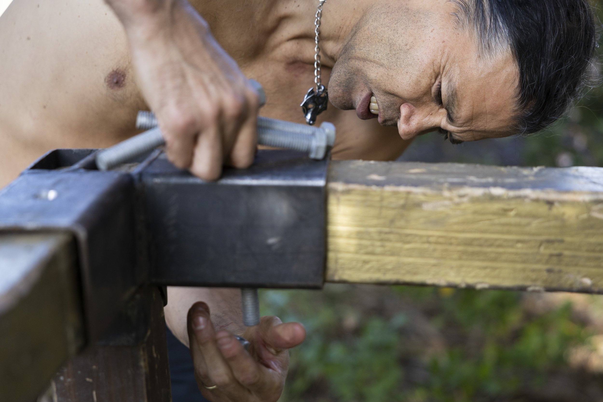  Ronin Sato, a member of the buhurt team Los Angeles Golden Knights, helps to take apart the wooden ring, or list, that held in the fighters during a team practice at Culver City Park, in Culver City, Calif., on Saturday, Dec. 9, 2023. Buhurt, otherw