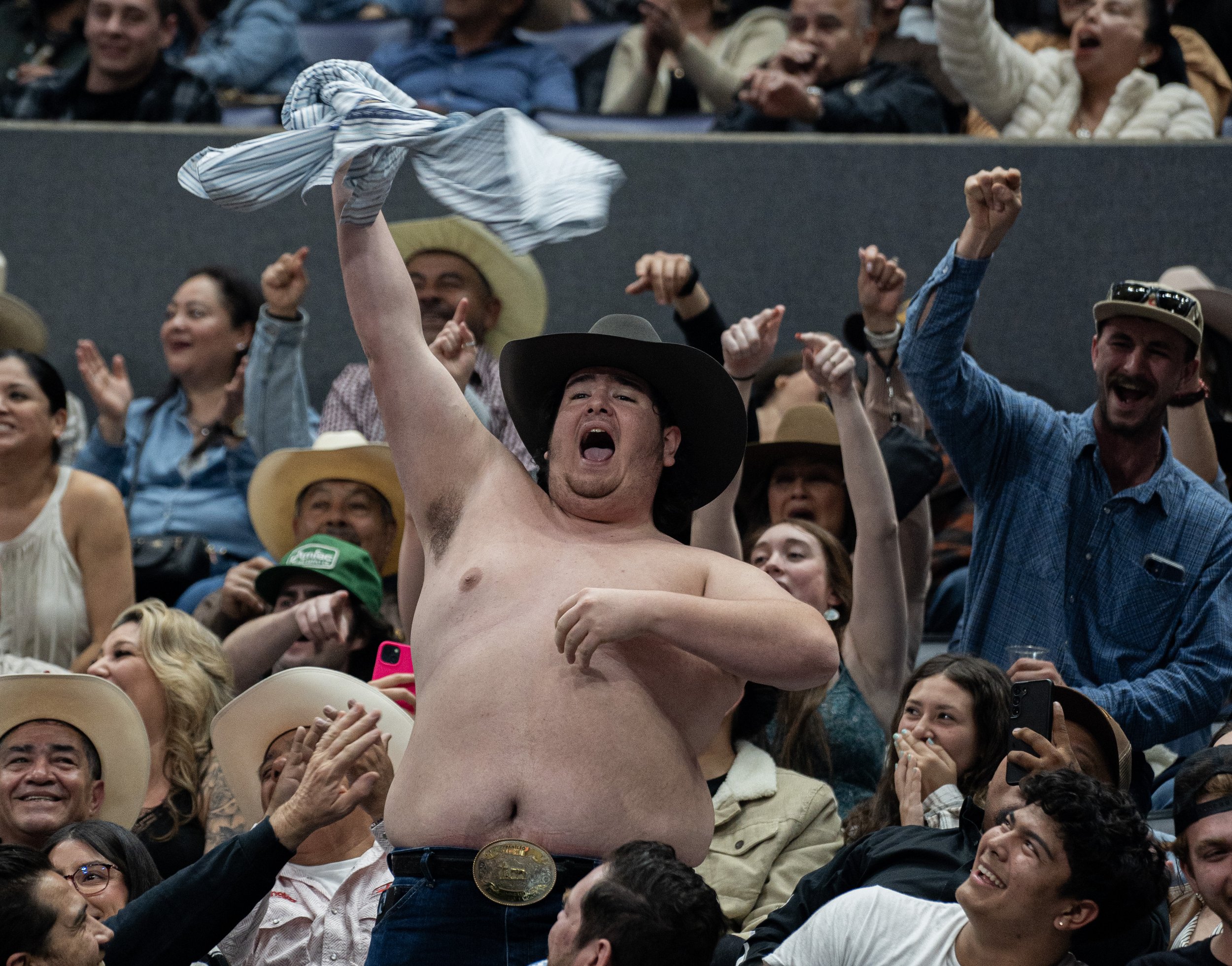  Shirtless man dancing to country music in the stans of Crypto.com Arena in Los Angeles, Calif. on Saturday, Feb. 16, 2023. (Danilo Perez | The Corsair) 