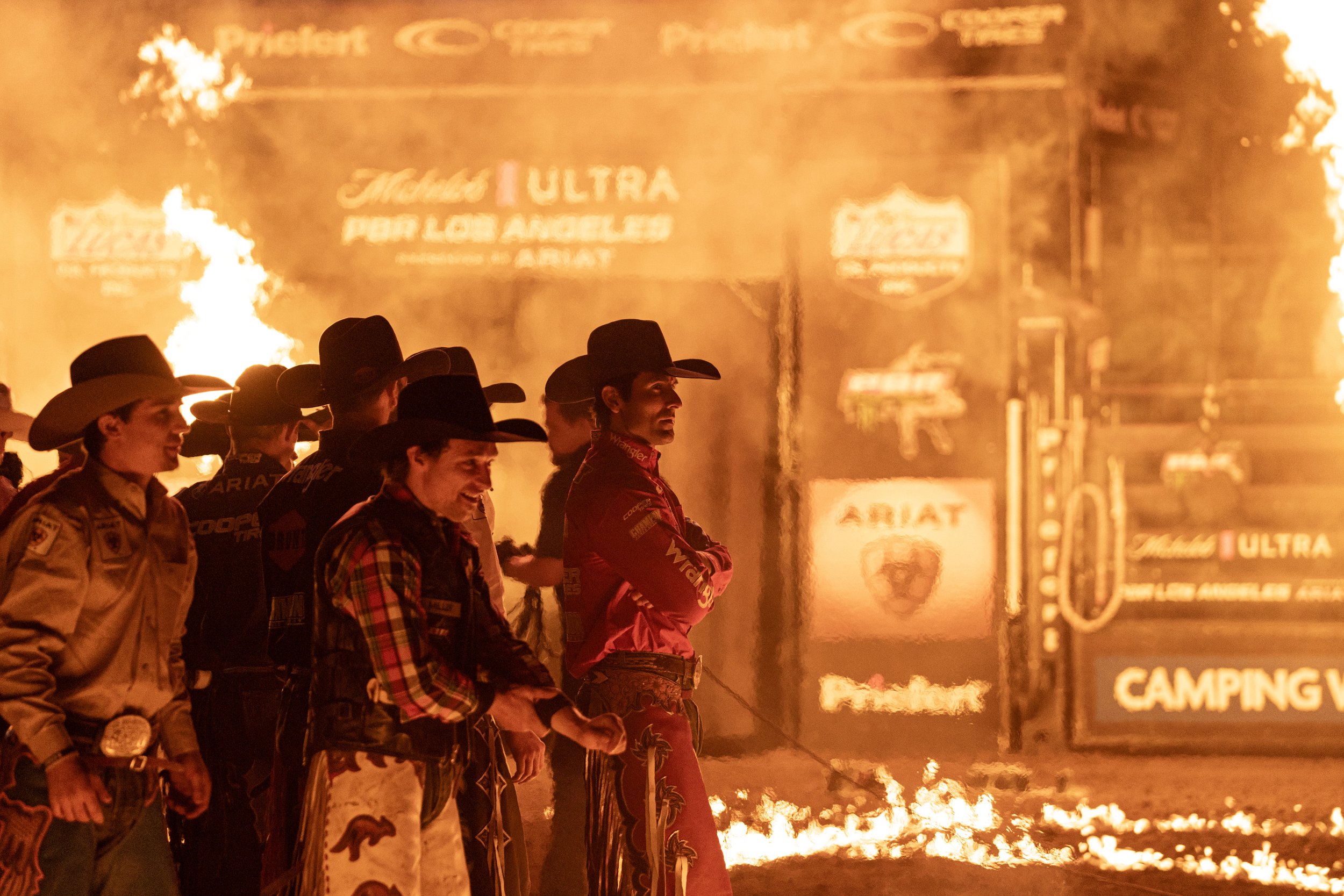  Professional Bull Riders being introduced in a circle of flames before the start pf the event in Los Angeles, Calif. at Crypto.com Arena on Saturday, Feb.16, 2023. (Danilo Perez | The Corsair) 
