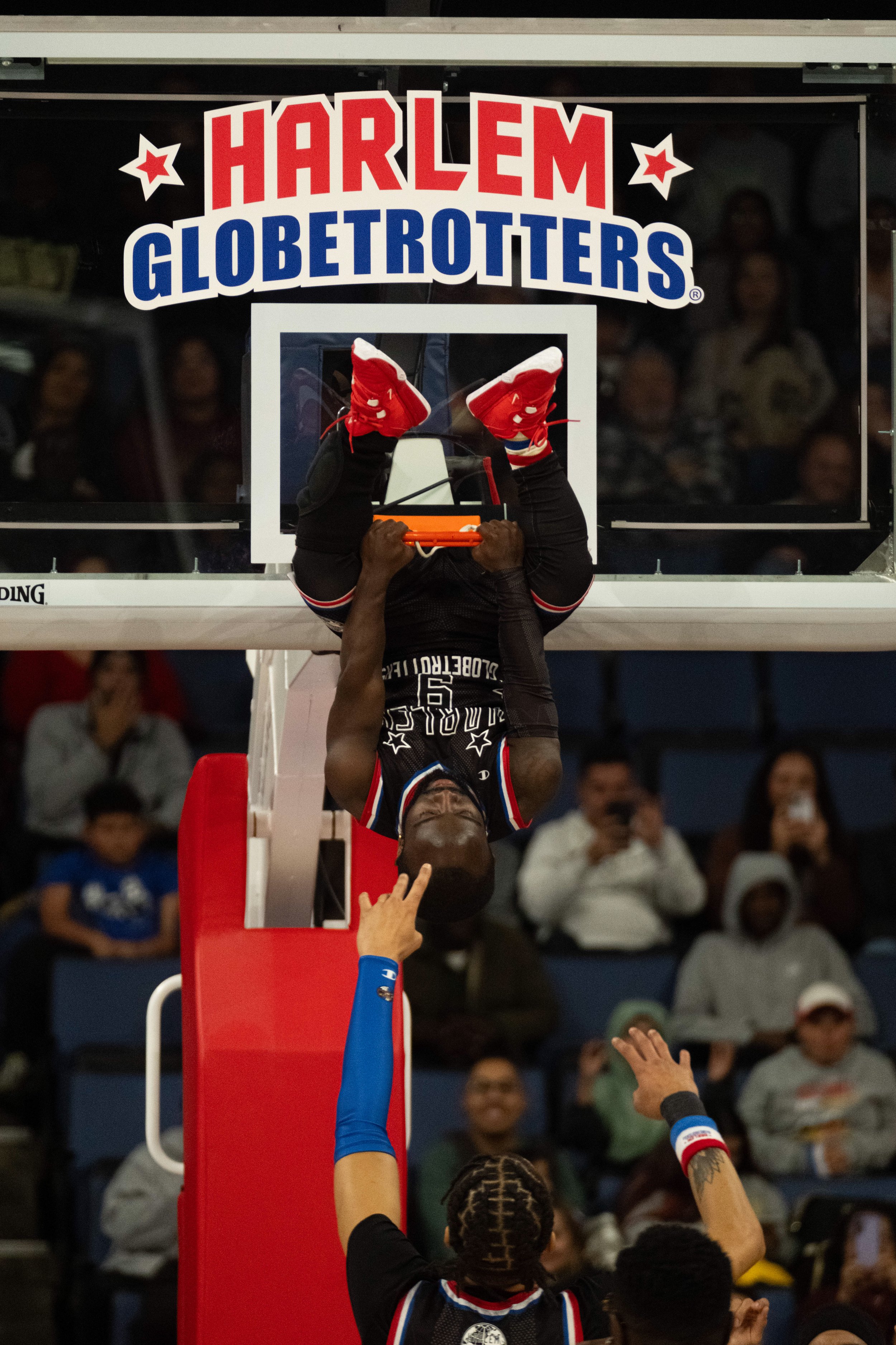  Hot Shot Swanson, guard for the Harlem Globetrotters, hanging upside down from the net at Toyota Arena in Ontario, Calif. Hot Shot dunked the ball against Washington Generals on Monday, Feb.19, 2024. (Danilo Perez | The Corsair) 