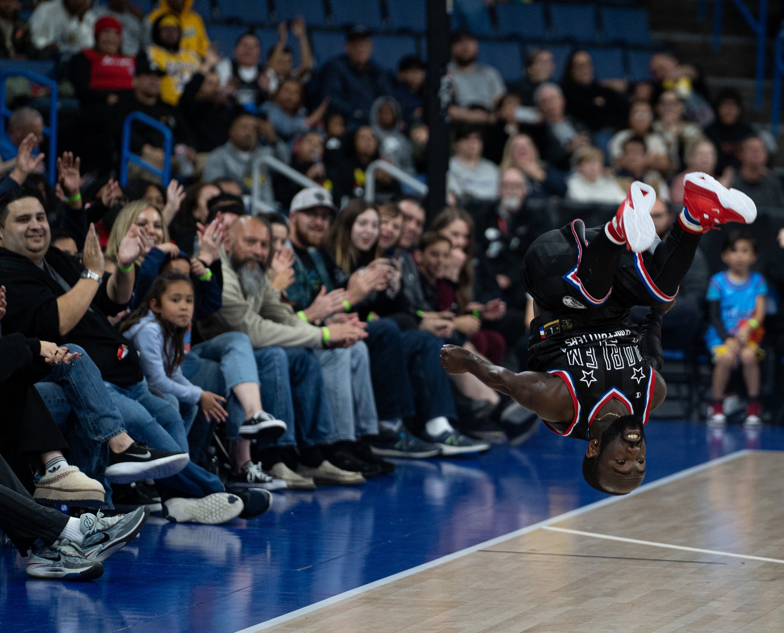  Hot Shot Swaonson doing a backflip after being introduced at Toyota Arena in Ontario, Calif. before playing the Washington Generals on Monday, Feb.19, 2024. (Danilo Perez | The Corsair) 
