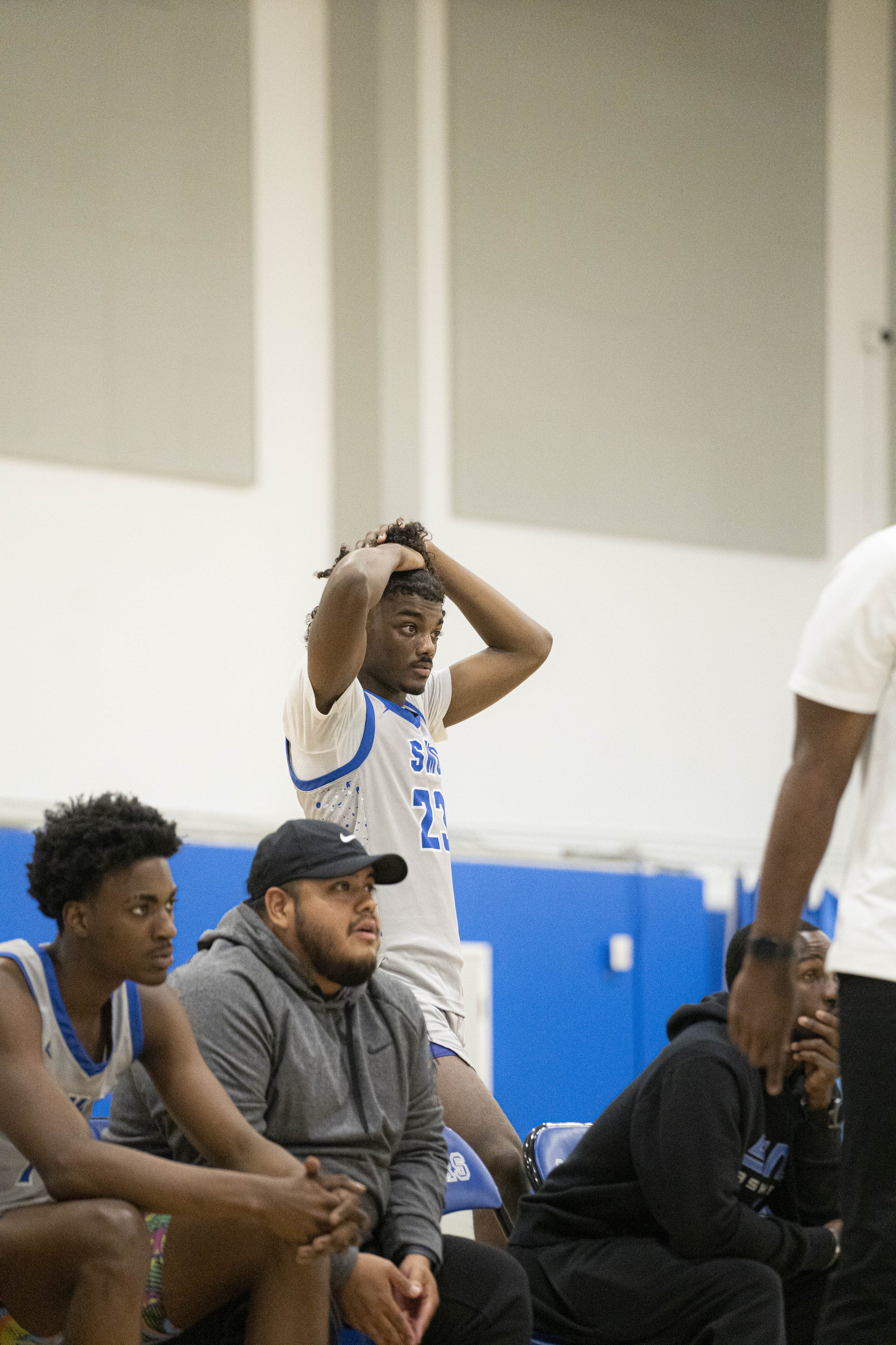  Santa Monica College Shooting Guard Jay'len Carter shows an anxious expression of defeat as the game looms to an end at SMC Pavillion in Santa Monica, Calif., on Wednesday, Feb. 28,2024 (Corsair Photo:Jamael Shotomide) 