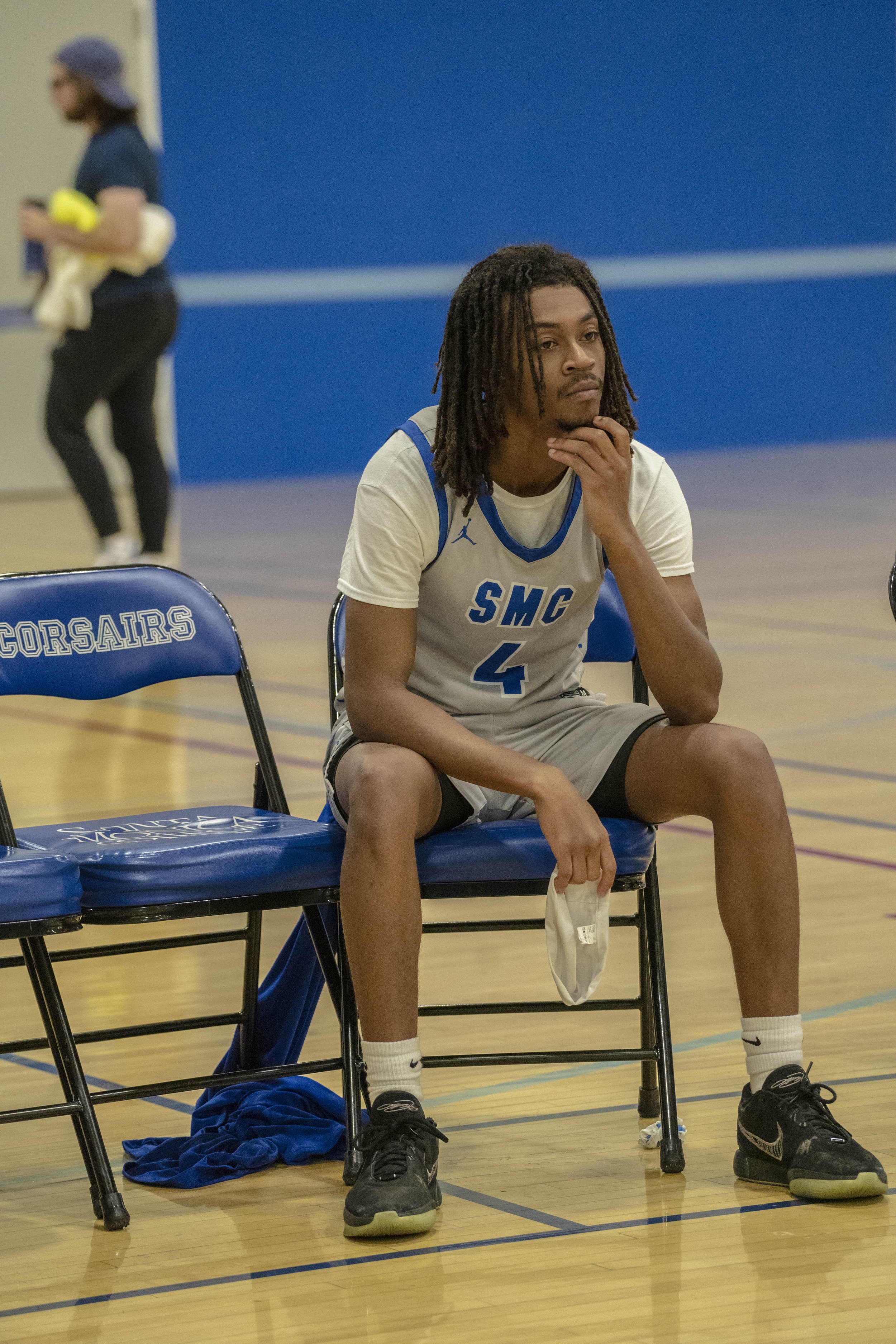  Santa Monica College combo guard Jahveon Medearis sulks in defeat at the end of the game as the basketball season comes to an end at SMC Pavillion in Santa Monica, Calif., on Wednesday, Feb. 28,2024 (Corsair Photo:Jamael Shotomide) 