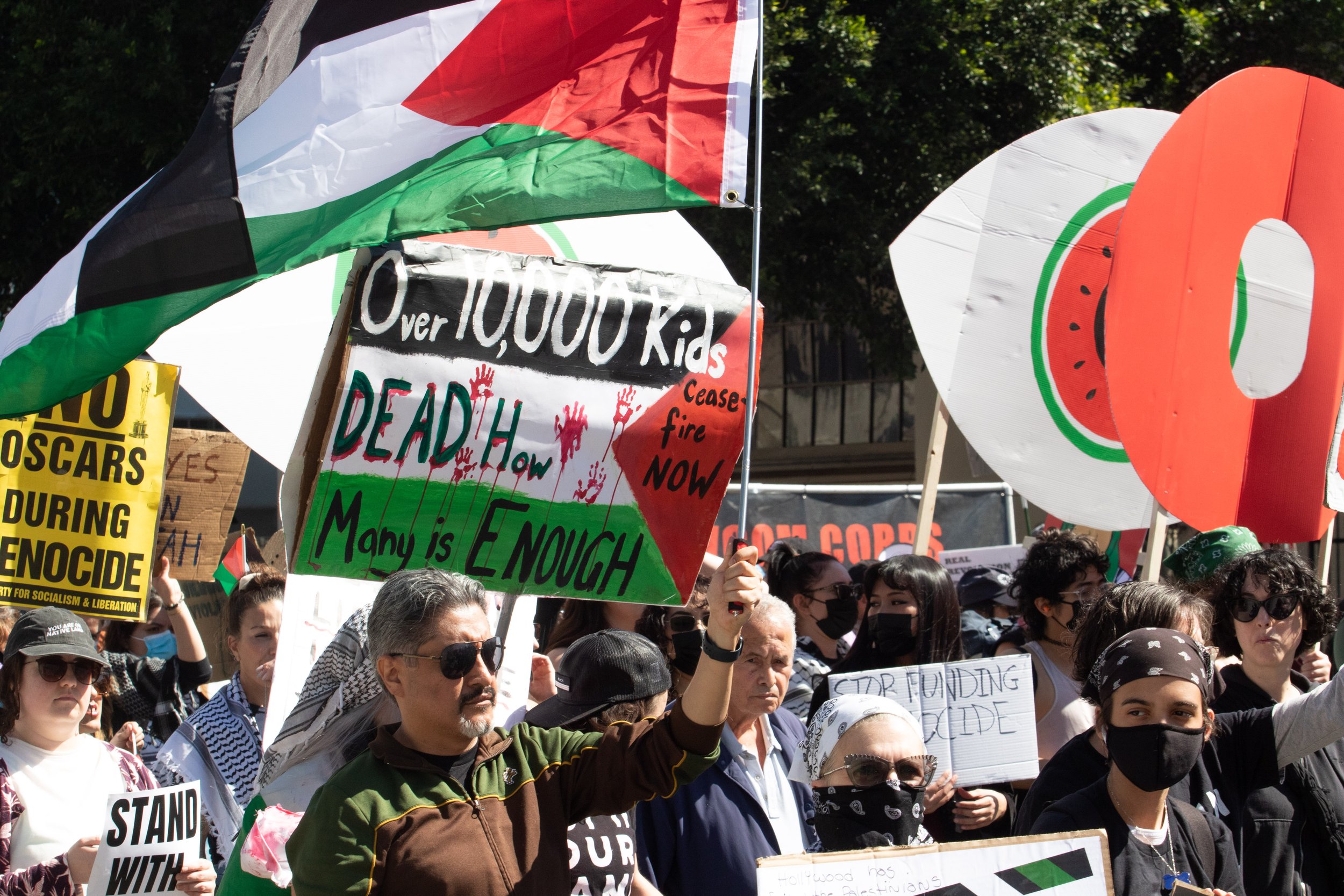  Demonstrators march towards The Oscars, Dolby Theater, demanding a ceasefire in Gaza, Sunday, March 10, 2024, Hollywood, Calif. (Laurel Rahn | The Corsair) 