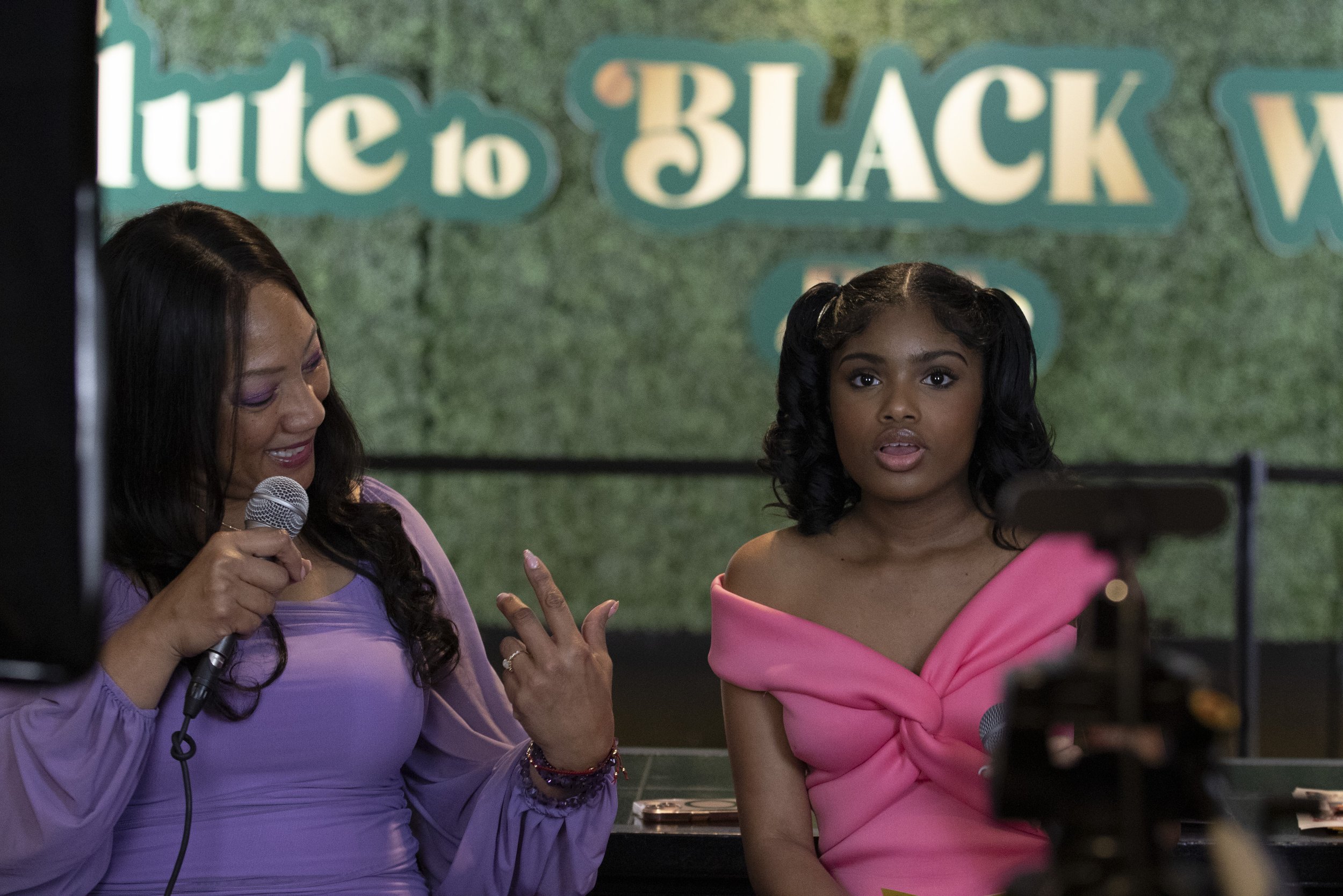  Lela Christine and Brianni Walker record a podcast at the Black Business Assocation event in Inglewood, Calif., on March 23, 2024.  (Corsair Photo: Luca Martinez) 