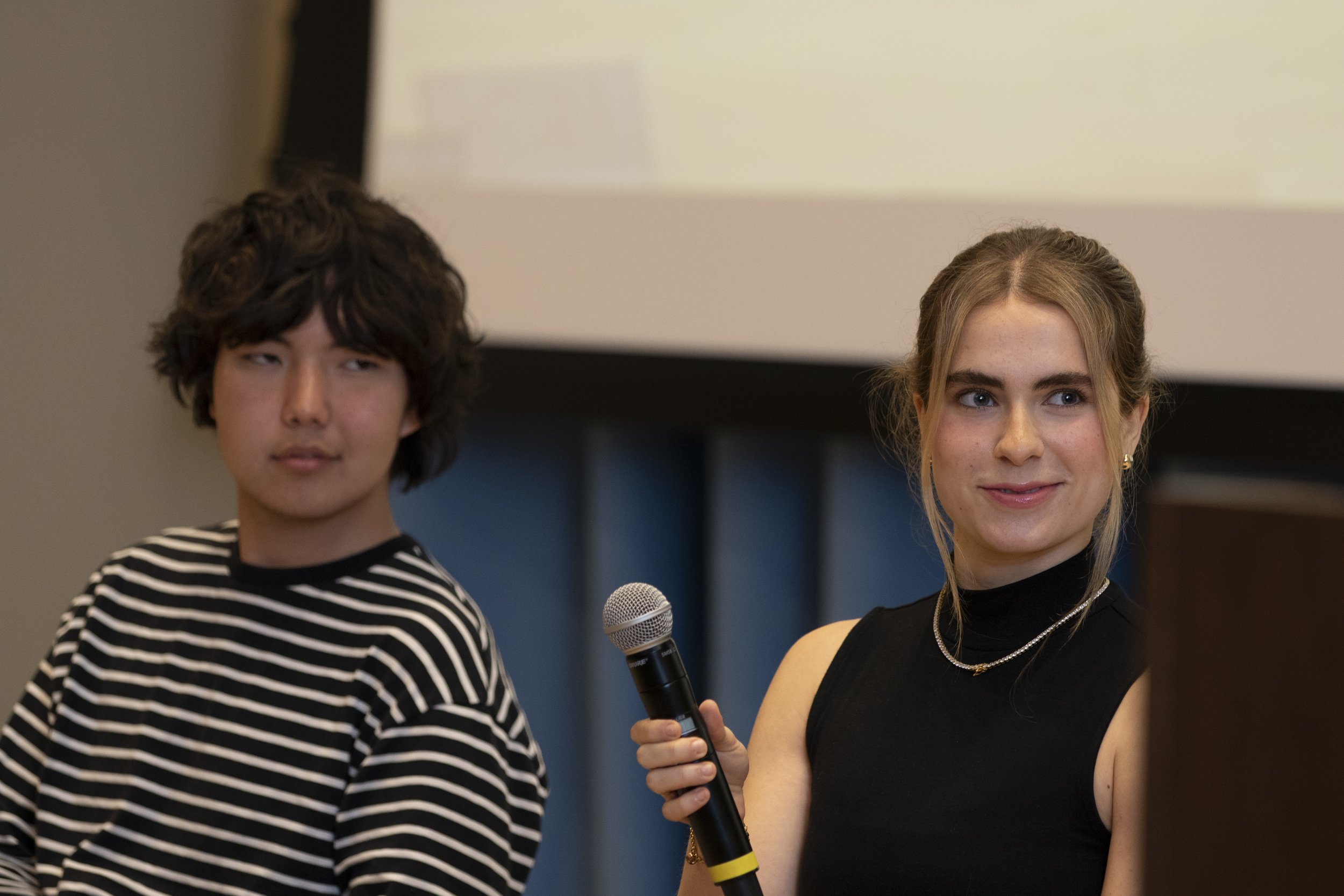  Candidates running for the A.S. Director of Sustainability position, Temuulen Tsedenish and Julia Kowalski (L-R) answer questions during the AS election event at Santa Monica College. Santa Monica, Calif., on March 30th, 2024.  (Corsair Photo: Luca 