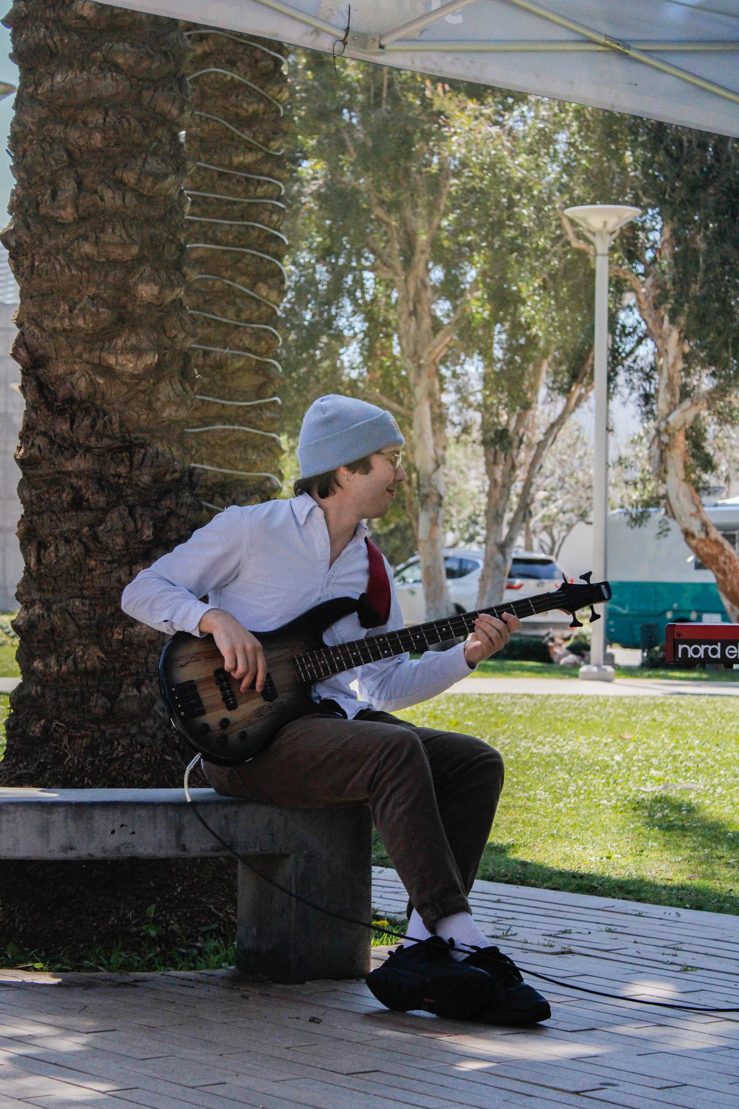  SMC music student Ean Greer playing bass at SMC's Midterm Motivation event.  
