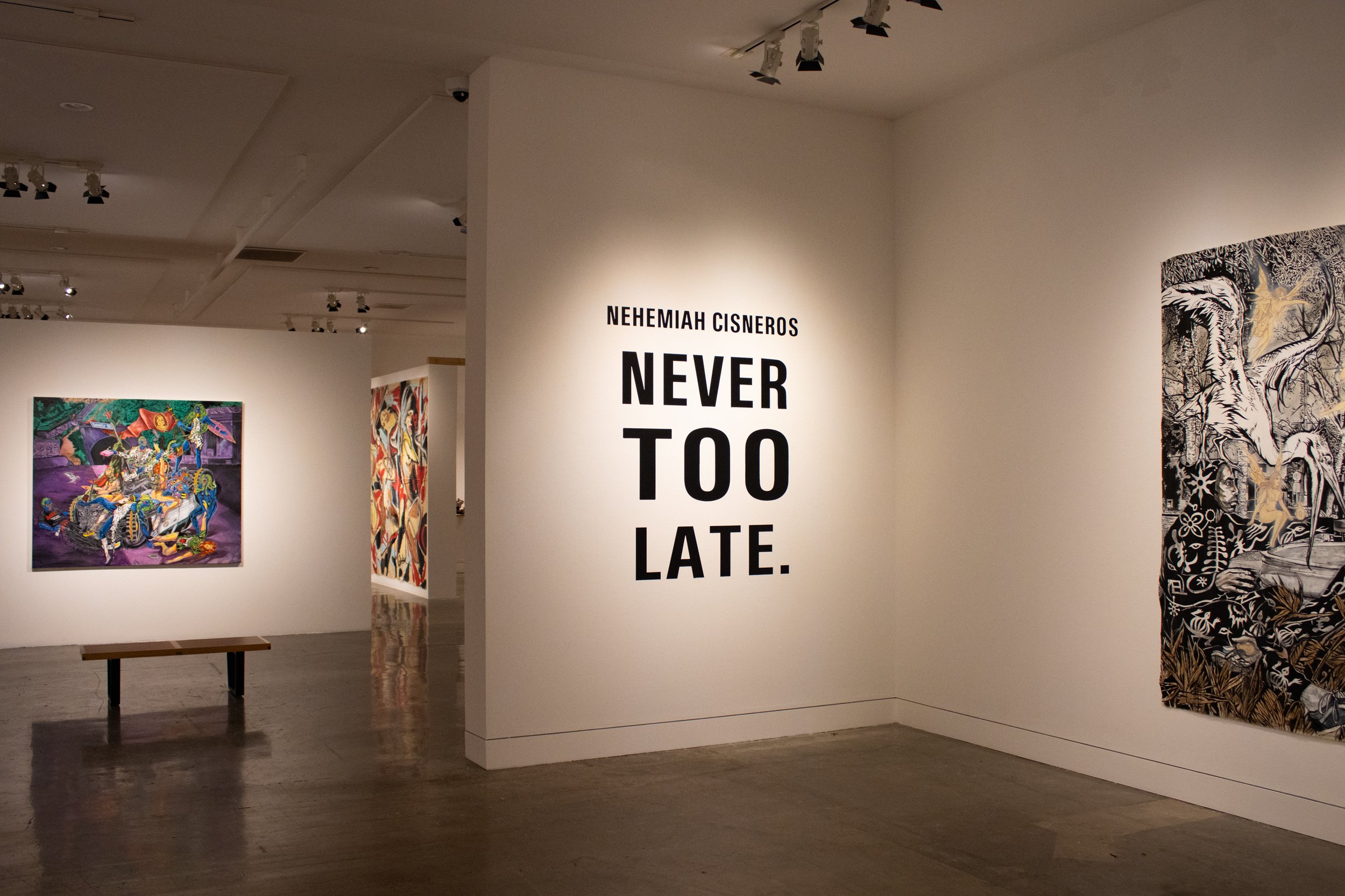  "Never too Late" exposition by Nehemiah Cisneros, Performing Arts Center, Santa Monica College, Santa Monica, Calif.  Saturday, Feb 24, 2024. The survey exhibts the work created by Cisneros between 2016 and 2022 during his academic training as a stu
