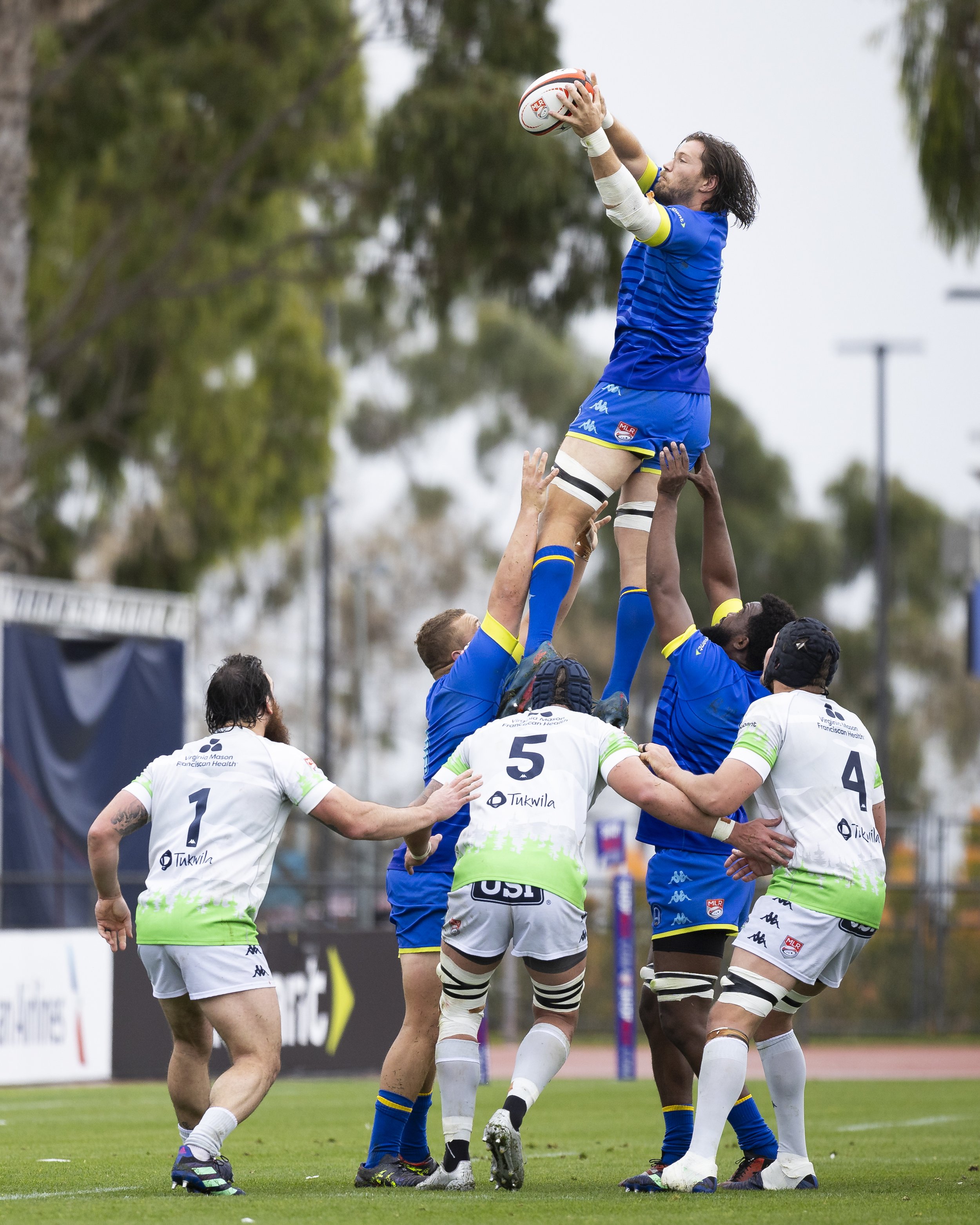  Rugby Football Club Los Angeles (RFCLA) flanker Jason Damm catches the ball during a line-out in the first half of a game at the Dignity Health Sports Park Track & Field Stadium, in Carson, Calif., on Sunday, April 15, 2023. The Seattle Seawolves wo