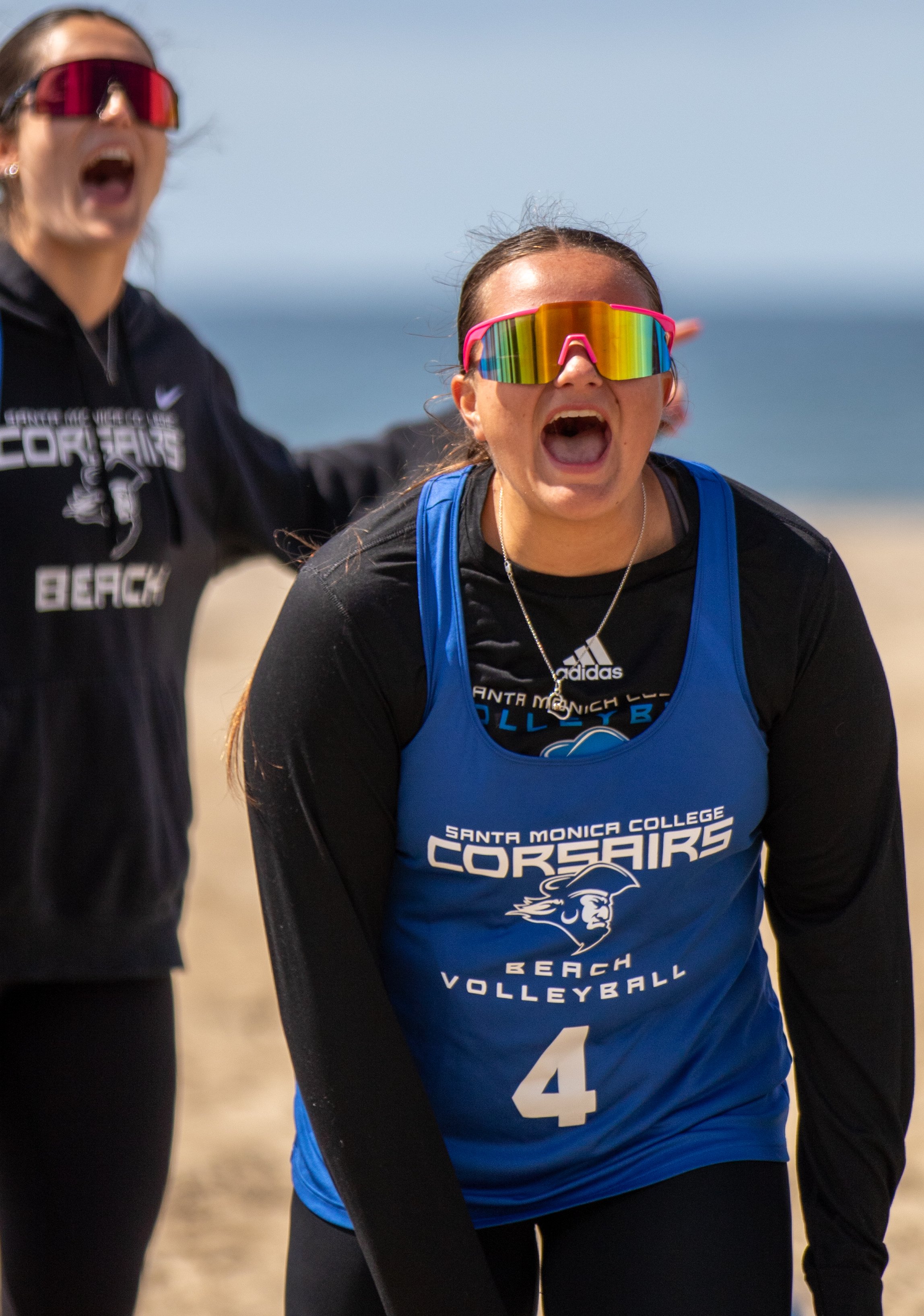  Bridget Robarts (4) cheers for her teamates on April 5, 2024. At Santa Monica Beach, SMC wins 4-1 against Santa Barbra Community College. (Sara Mendez | The Corsair) 