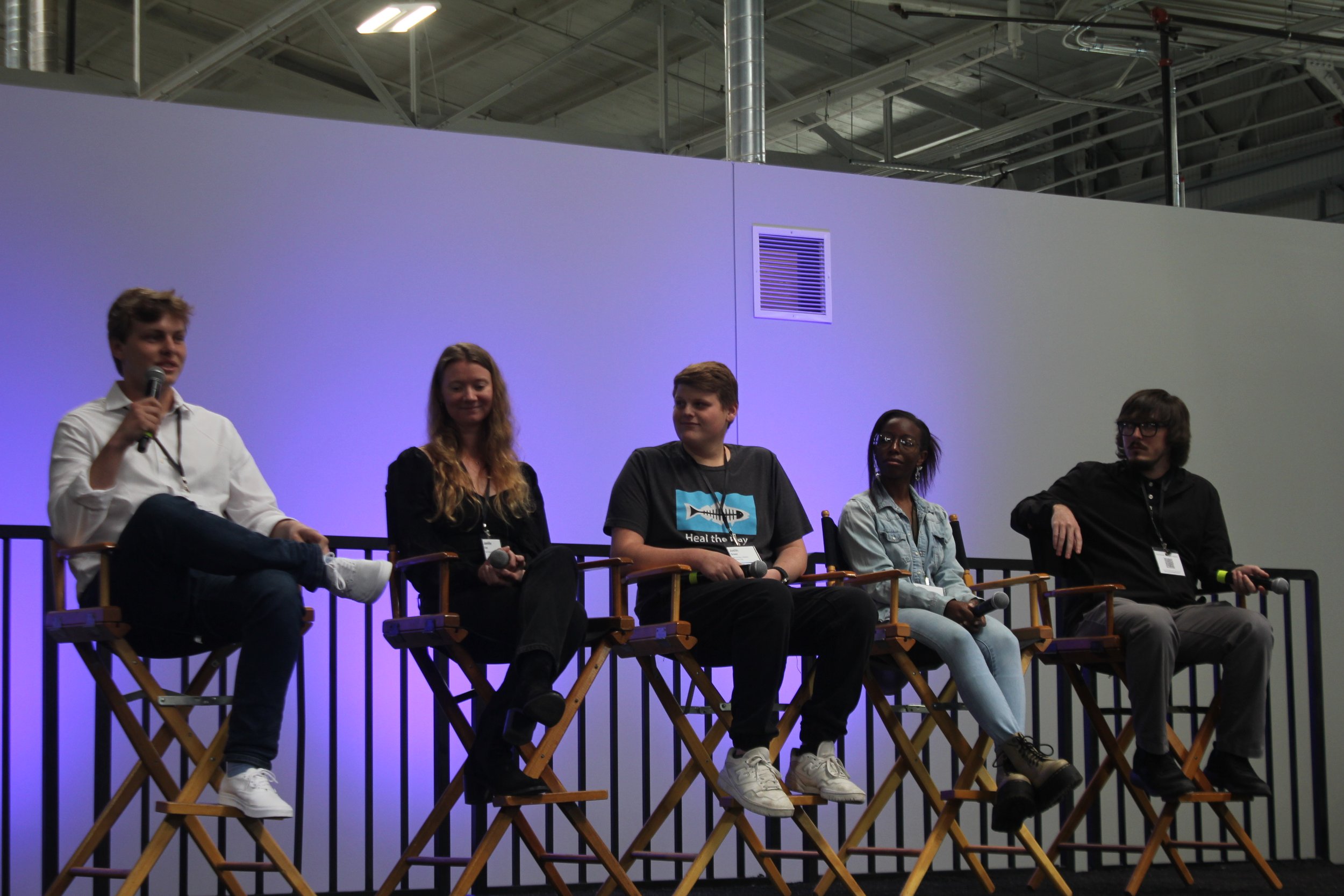  Left to right; Max, student at SMC, Jennifer Cole, student at SMC, Justin, student at Santa Monica Highschool, Ariana, student at SMC, and John, student at SMC forming the student panel. Max answers a question from SMC Life Science Professor Laura R