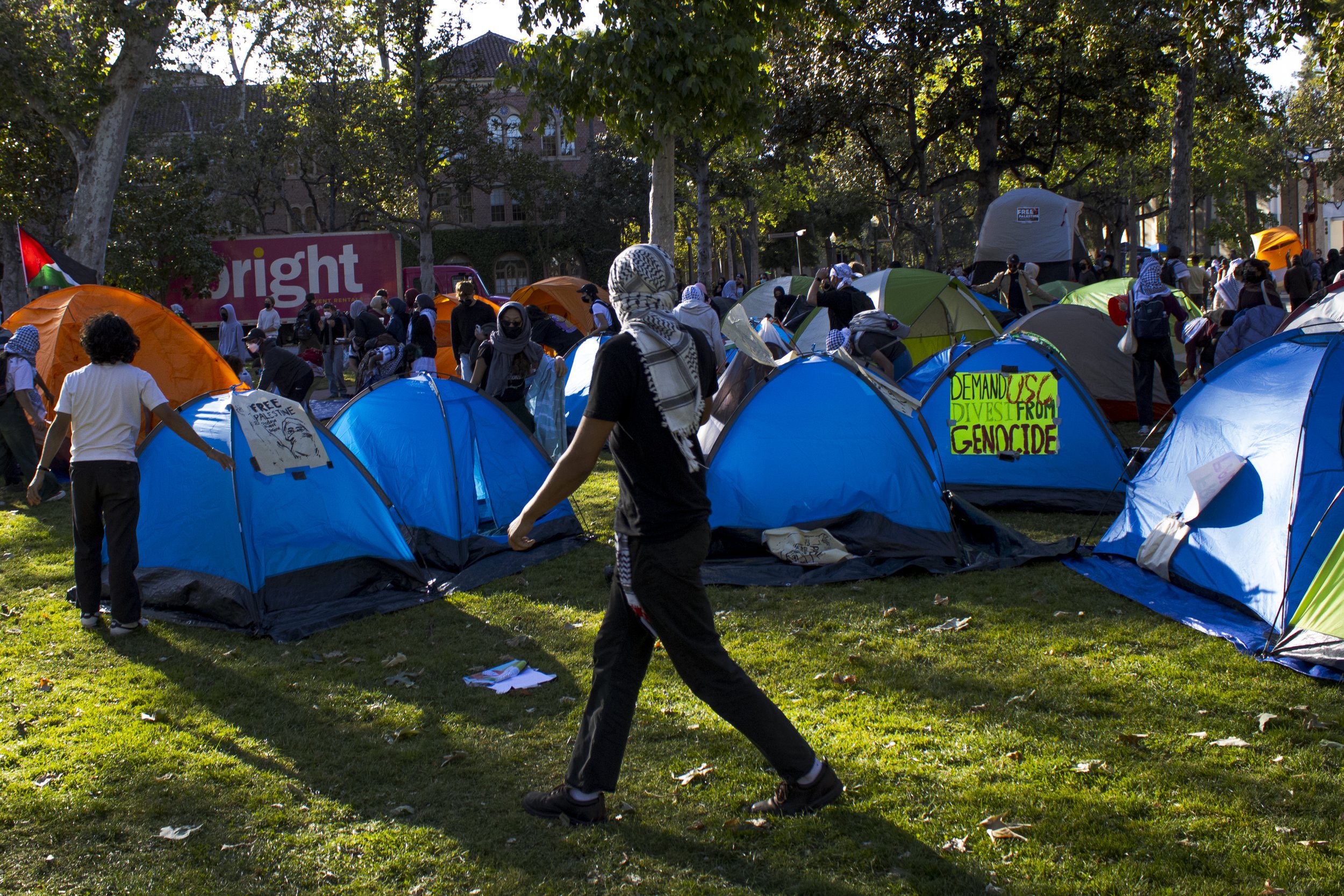  Student protesters from the Divest from Death University of Southern California activist group, move their encampment from EF Hutton Park to Alumni Park on USC campus in Los Angeles California. Saturday, April 27, 2024, marks the 4th day students ha