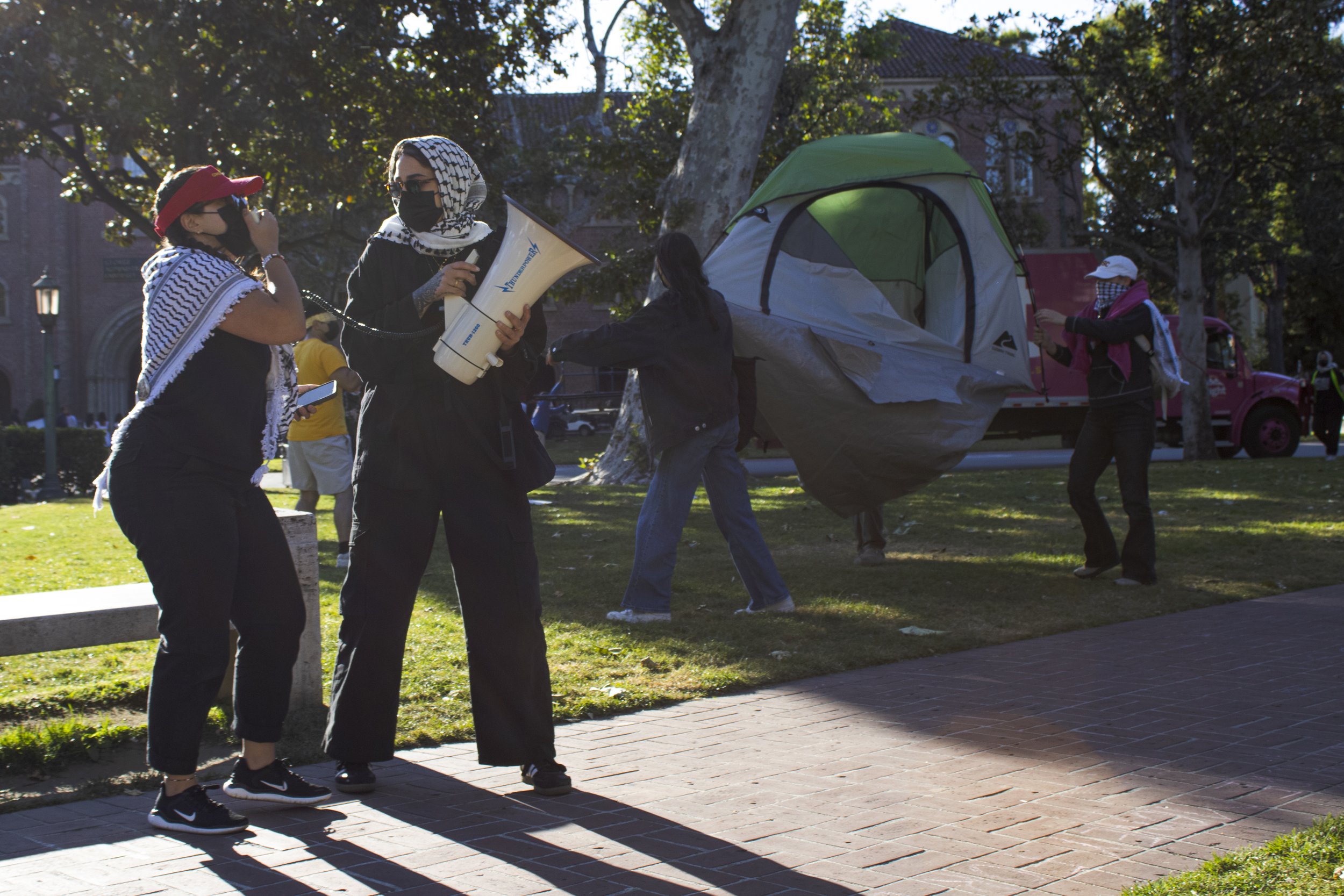  Student protesters from the Divest from Death University of Southern California activist group, on Saturday, April 27, 2024, occupy the USC campus in Alumni Park in Los Angeles California where they plan on remaining until their list of demands is m