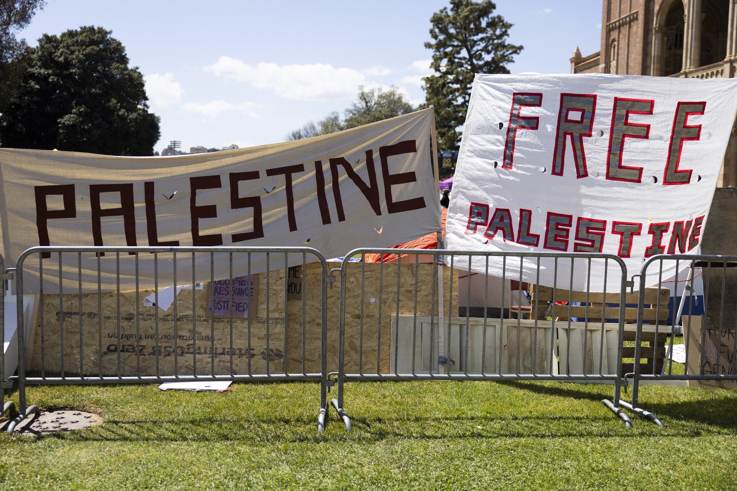  Students at University of California, Los Angeles camp outside Royce Hall in support of Palestine in the Israel-Palestine war and in solidarity with other college students who were arrested for similar protests in Los Angeles, Calif., on Friday, Apr