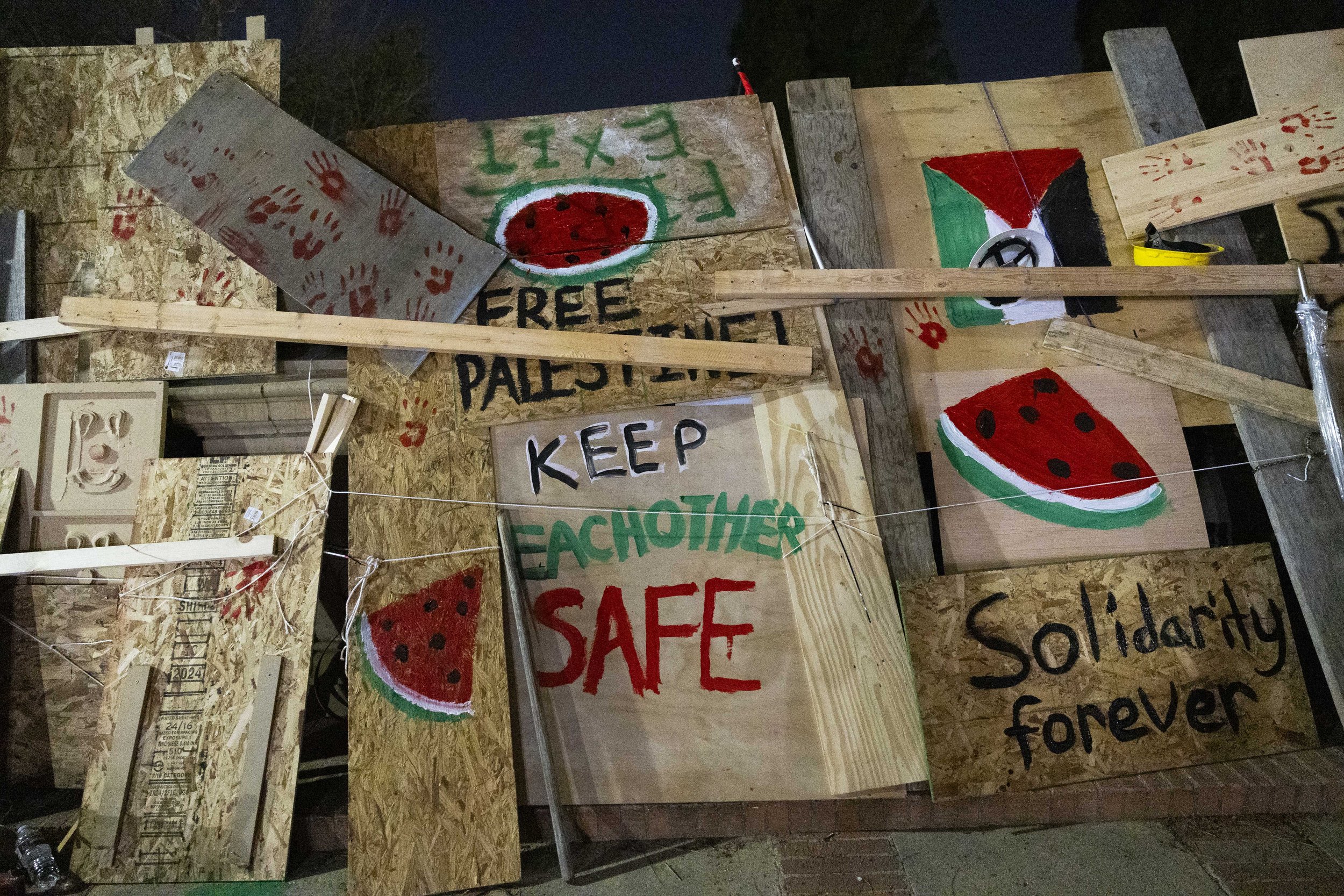  Protesters in the encampment at the University of California, Los Angeles supporting Gaza in the Israeli-Palestine Conflict built a barricade to defend themselves from the police in Los Angeles, Calif., on Wednesday, May 1, 2024. Protesters were ord
