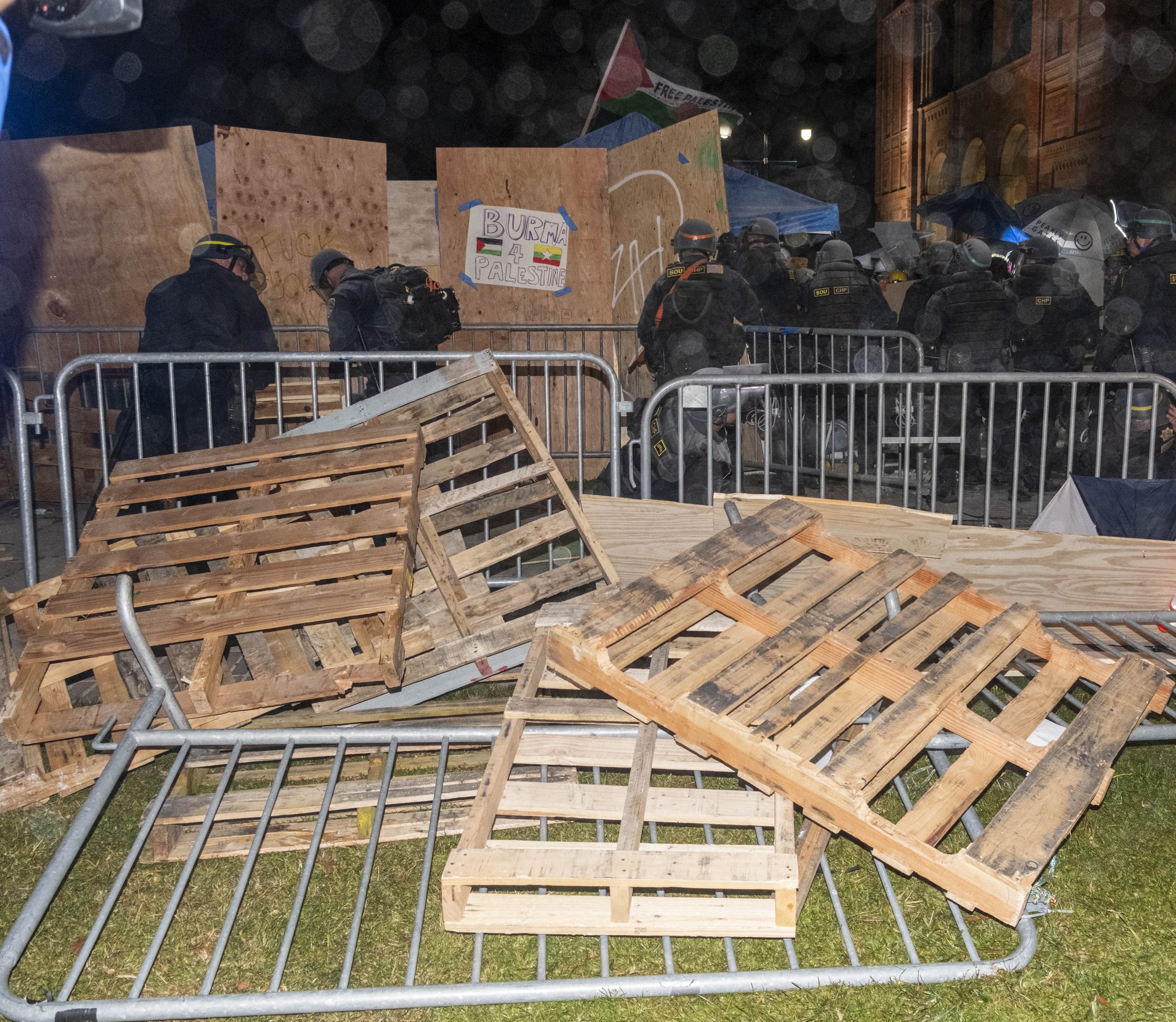  Pallets thrown on the floor that were being used as barriers for the University of California, Los Angeles encampment on Wednesday, May 1 at Los Angeles, Calif. (Danilo Perez | The Corsair) 