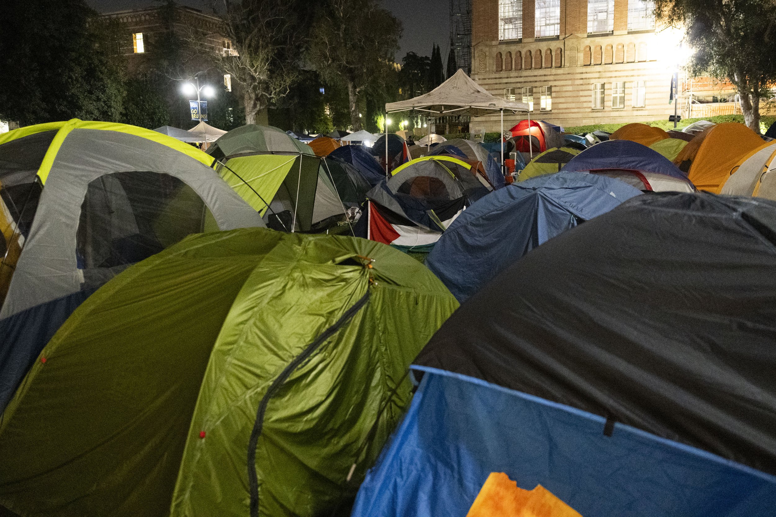  Tents protesters slept in the encampment at University of California, Los Angeles supporting Gaza in the Israeli-Palestine Conflict built a barricade to defend themselves from the police in Los Angeles, Calif., on Wednesday, May 1, 2024. Protesters 