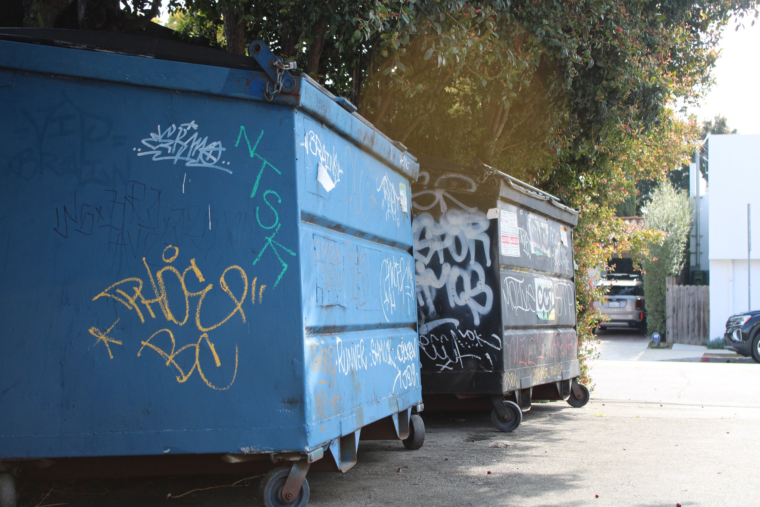  Dumpsters in the back of The Great Western Steak and Hoogie Co. covered in graffiti tags in a Venice, Calif. parking lot on Monday, March 11. (Makaela Fujimoto | The Corsair) 