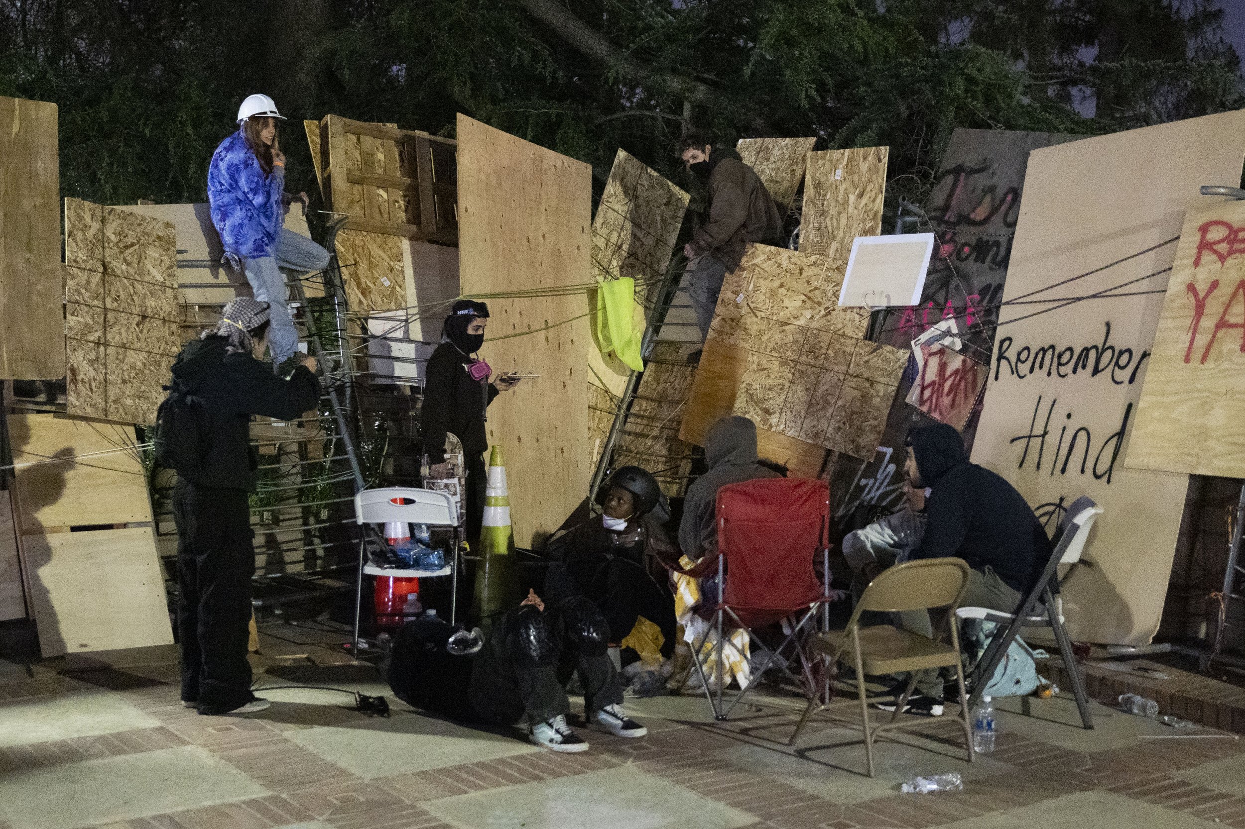  Protesters take a break after the police breached the encampment supporting Gaza in the Israeli-Palestine Conflict at the University of California, Los Angeles for the first time in Los Angeles, Calif., on Thursday, May 2, 2024. Protesters were orde