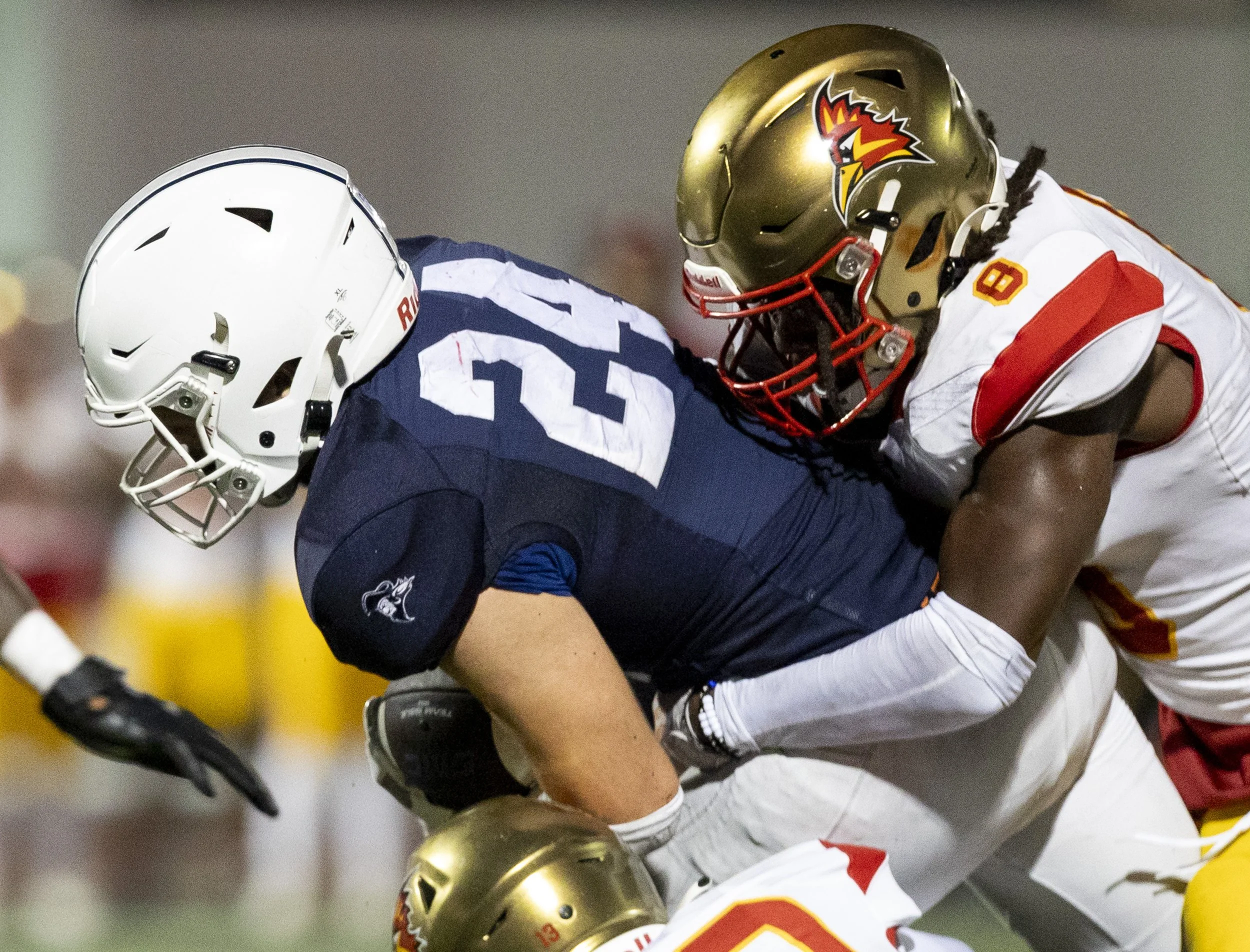  Santa Monica College's running back Pierce Reynoso (24) moves the ball as Desert’s defensive back Shyde Elam (8) tackles him on Saturday, Sept. 14, 2024 at the Corsair Field in Santa Monica, Calif. Santa Monica College football defeated College of t