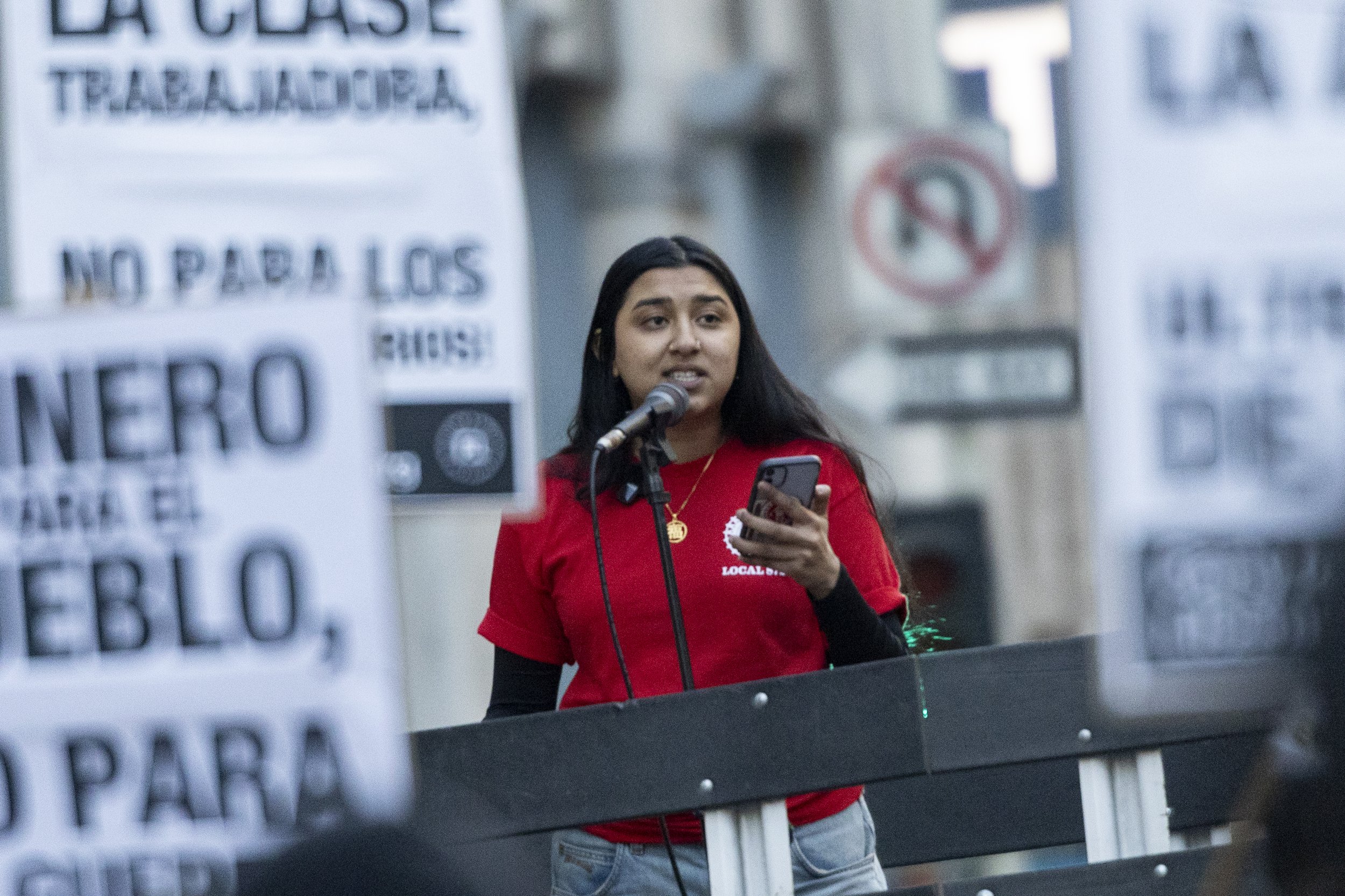 A protester gives a speech during the We Fight Back protest to call for the “defeat of Trump’s Extreme-Right Billionaire Agenda,” on Monday, January 20, 2025, at Pershing Square in downtown Los Angeles, Calif. (Jake Crandall | The Corsair)