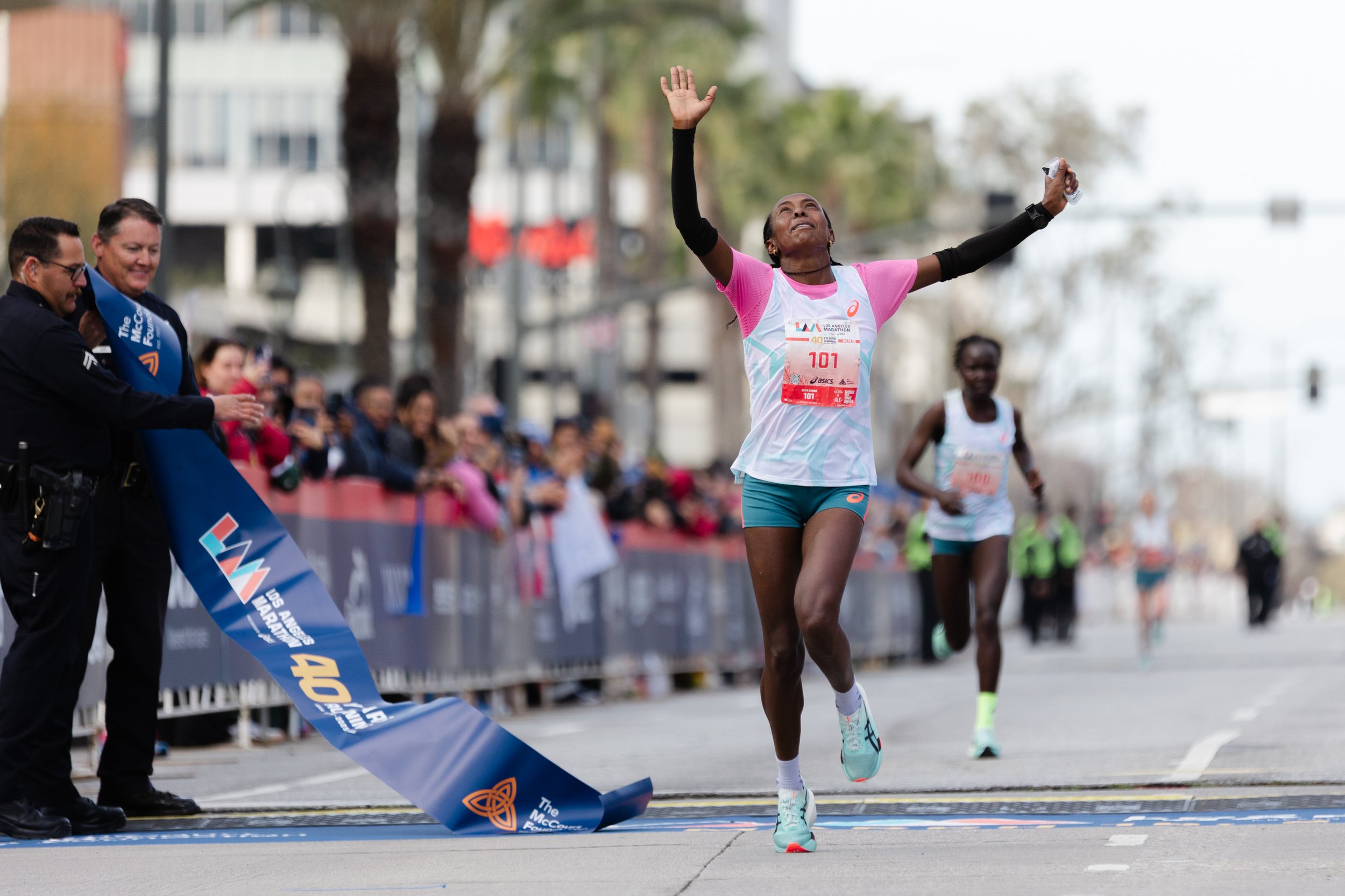 Tejinesh Gebisa of Ethiopia wins the women’s first place at the 40th annual Los Angeles Marathon on Sunday, March 16, 2025 in Los Angeles, Calif. (Mary Funsten | The Corsair)