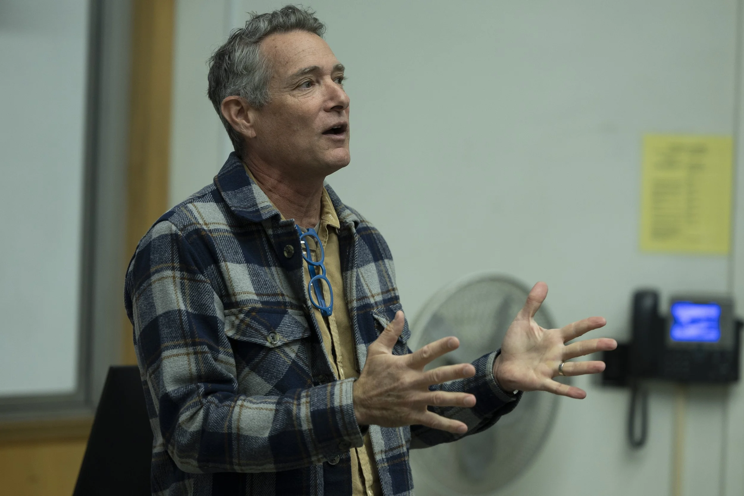  Ferris Kawar, Santa Monica College’s (SMC) Director of Sustainability welcomes William Selby, as the featured speaker for SMC’s Earth Day Celebration in the old science building at SMC's Main Campus in Santa Monica, Calif., on Tuesday, April 22,2025