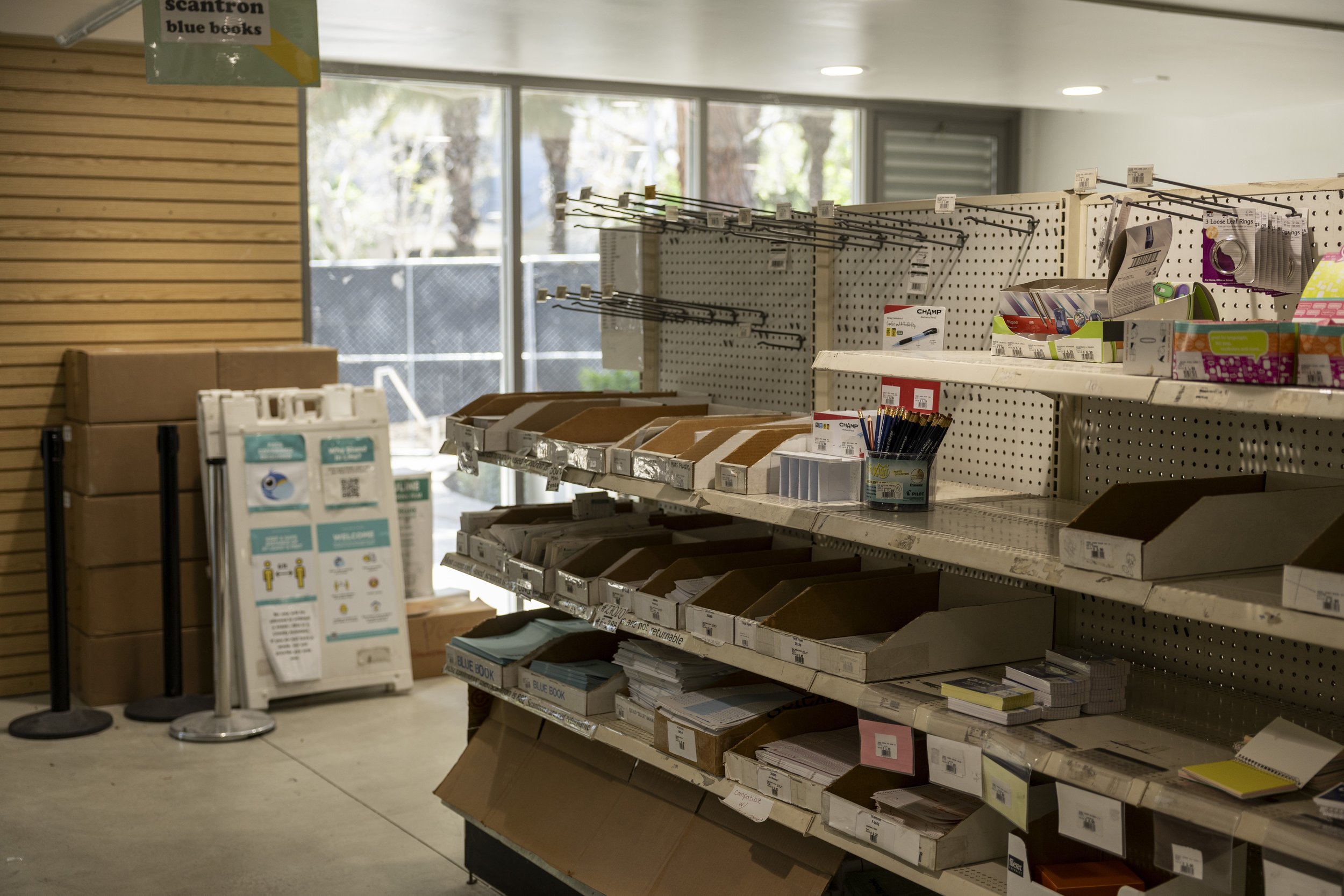 Santa Monica College (SMC) bookstore shelves are empty in preparation for remodeling to an open study space, May 8, 2025, at Santa Monica, Calif. (Tom Rosholt | The Corsair)