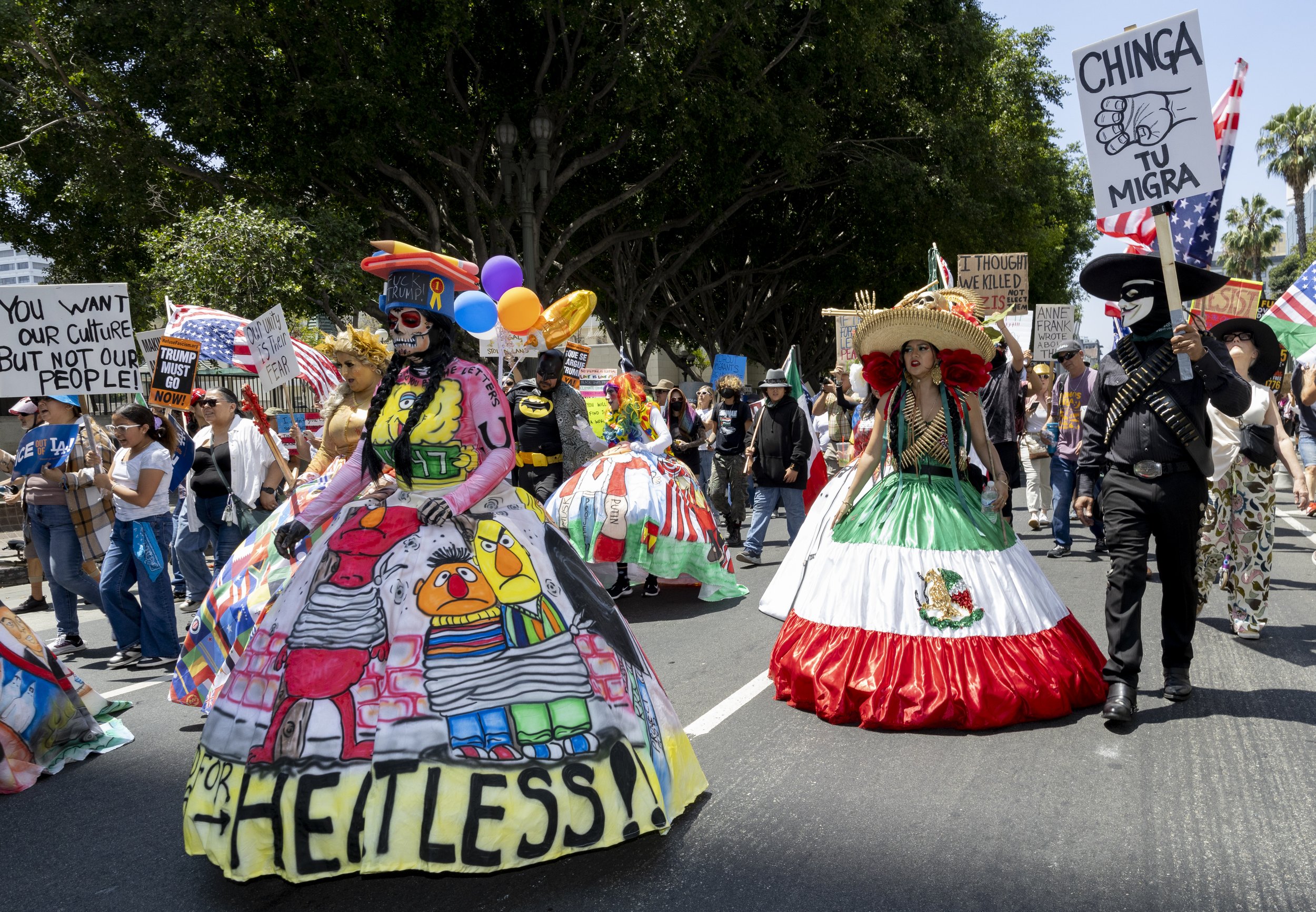 Protesters march in downtown Los Angeles, Calif., on Friday, July 4, 2025. 50501 SOCAL organized a protest called End The Occupation, criticizing the Trump administration’s passing of the Big Beautiful Bill and calling for a stop to the ongoing ICE