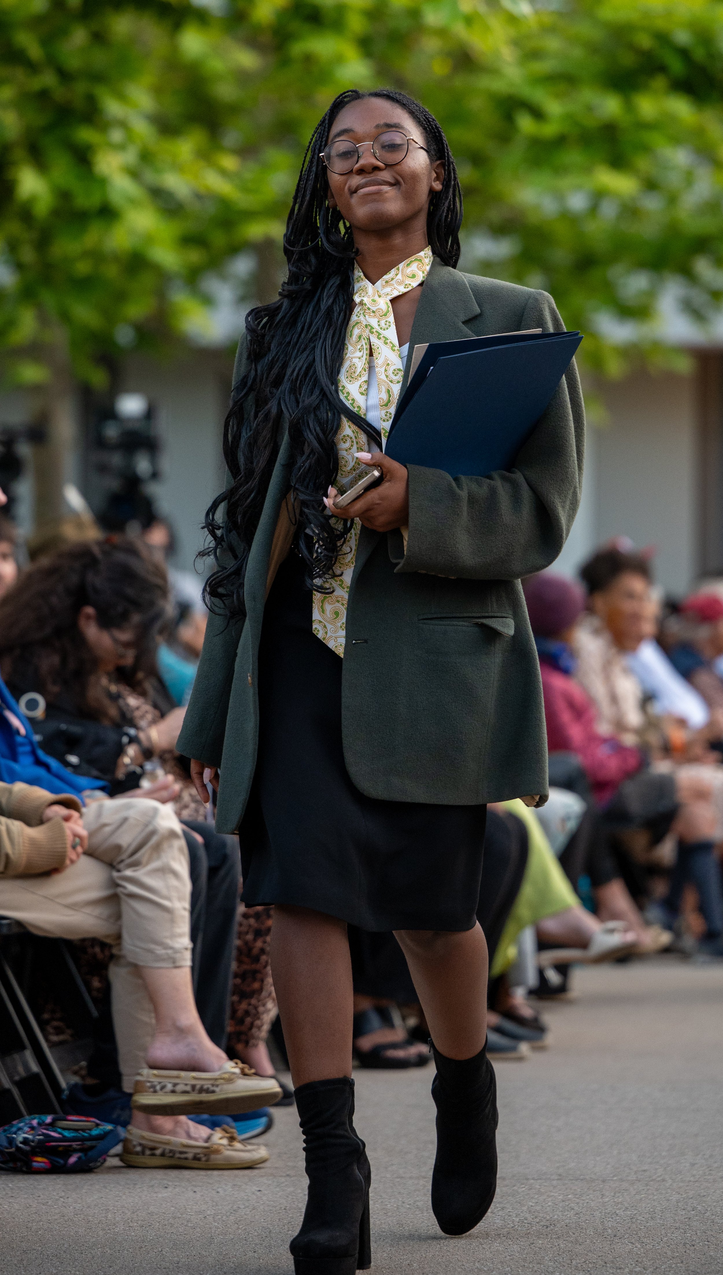 Model wearing dress clothes that are made available for students who need them for job interviews at the LA Mode 2025 Fashion Show at Santa Monica College (SMC) on Saturday, June 21, 2025, Santa Monica,Calif. (Tom Rosholt | The Corsair)