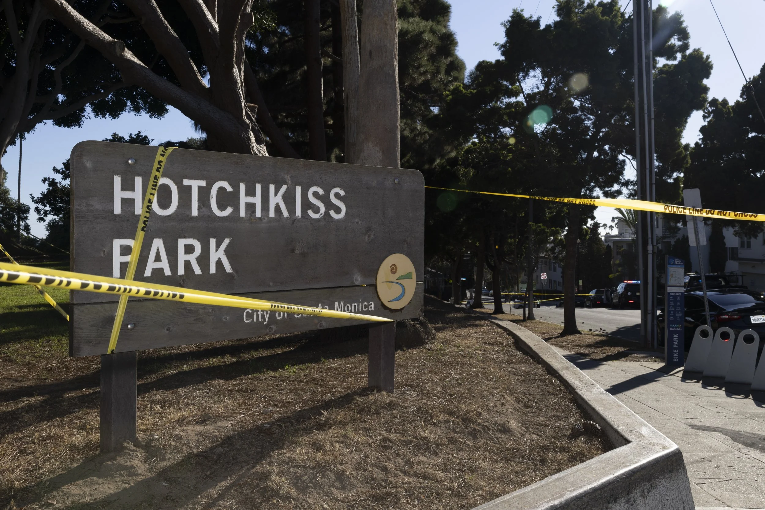 Crime scene tape hangs in front of Hotchkiss Park in Santa Monica, Calif., on Monday, Sept. 9, 2025, after the Santa Monica Police Department (SMPD) attempted to pull over a vehicle wanted by the LAPD, the driver led SMPD on a pursuit before pulling