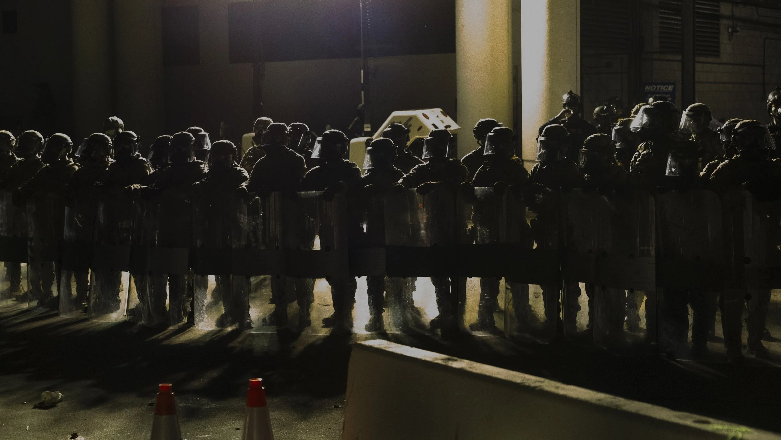 California National Guardsmen on standby at the Metropolitan Detention Center in Los Angeles, Calif., on Monday, Sept. 1, 2025, during an anti-ICE protest. (Kayjel J. Mairena | The Corsair)
