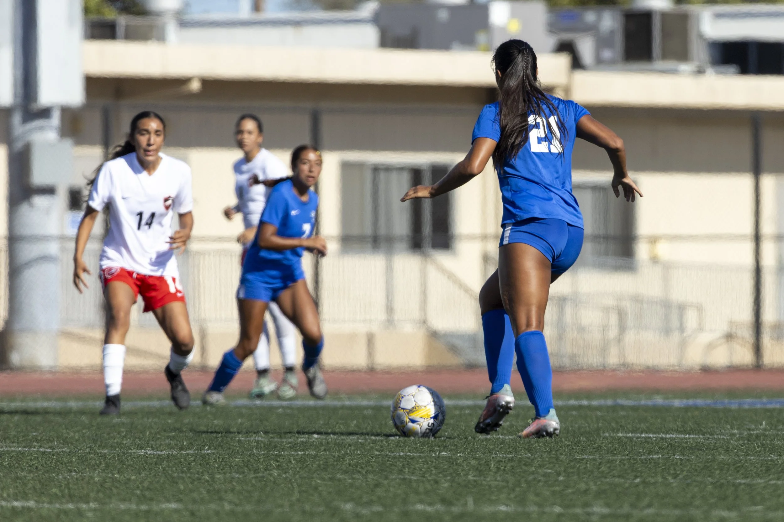 Santa Monica College Corsairs defender Ariana Maldonado (#21) fields the ball from Pierce College Brahmas midfielder Emily Diaz (#14), Tuesday, September 9, 2025. The Corsairs beat the Brahmas, 1-0 at Corsair Field, Santa Monica College, in Santa Mo