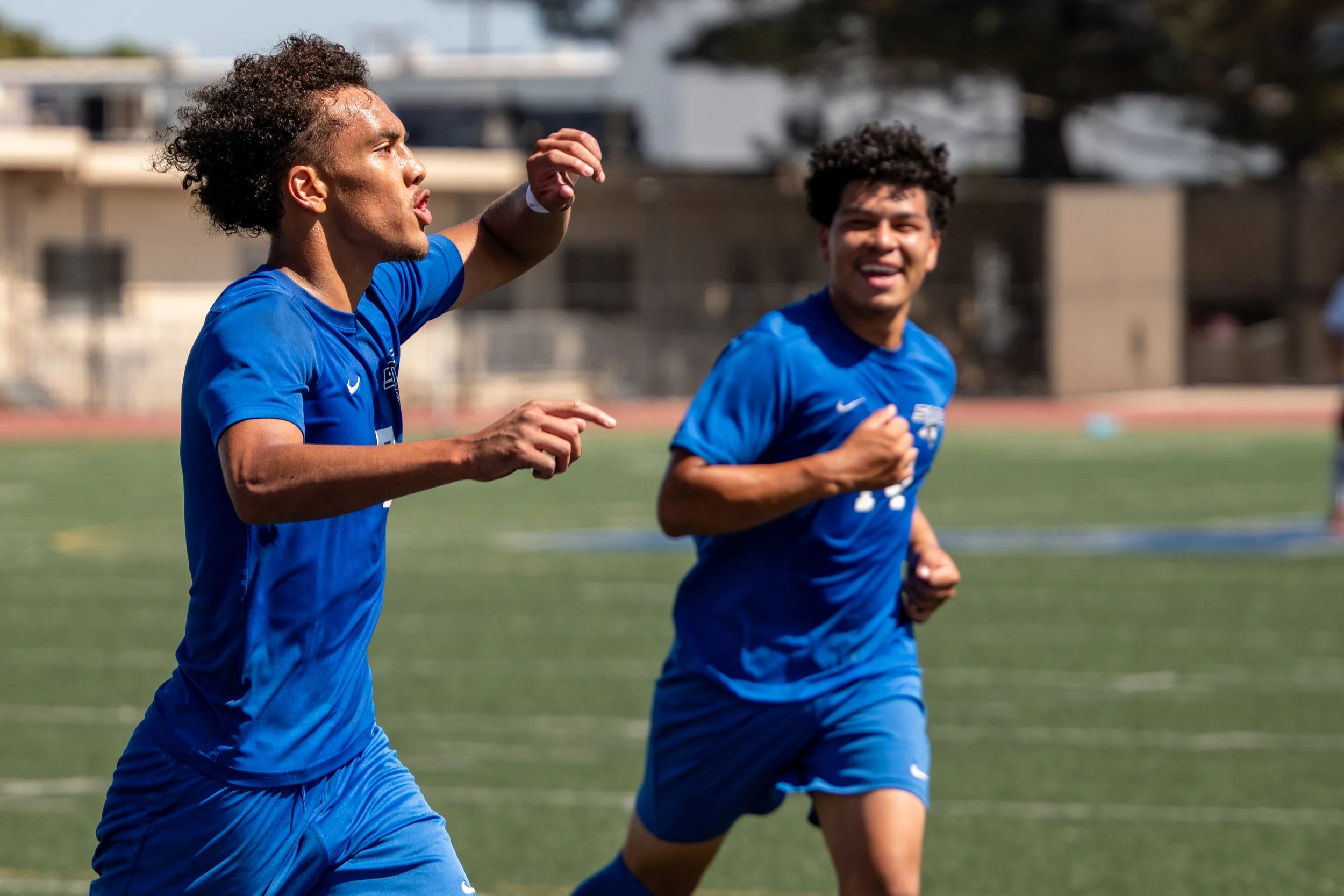 Santa Monica College (SMC) Corsair midfielder (7) Lyric Gomez-Muniz celebrating after scoring his second goal of the game on Tuesday, September 9, 2025, in Santa Monica,Calif. The Corsairs tide with the Hornets 4-4. (Tom Rosholt | The Corsair)