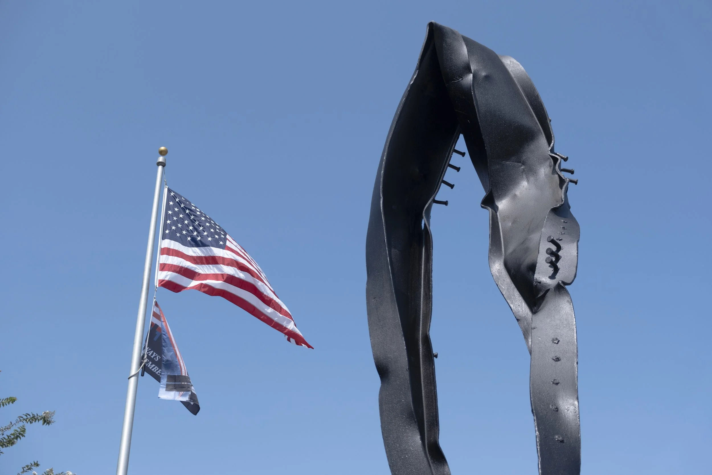 9/11 Memorial at Rexford Drive in Beverly Hills, Calif. On Wednesday, Sept 10, 2025. The twisted steel beam was salvaged from remnants of the World Trade Center. (Fai Fong | The Corsair)