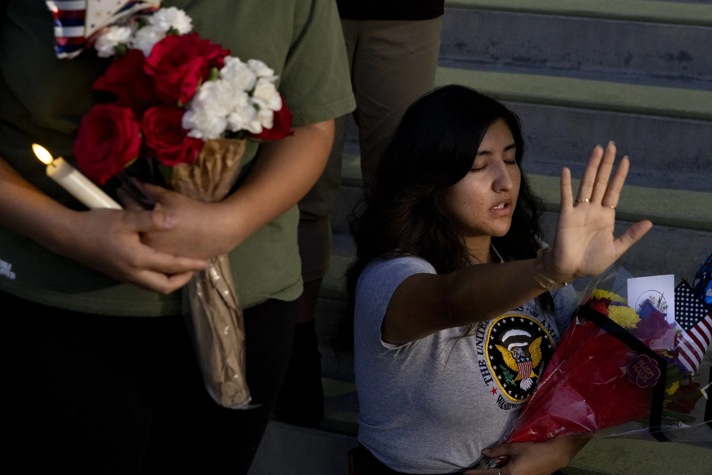 Mourners gather at a vigil held outside the Federal building in downtown Los Angeles on Thursday, Sept 11, 2025, after Charlie Kirk’s assassination.(Jake Crandall | The Corsair)