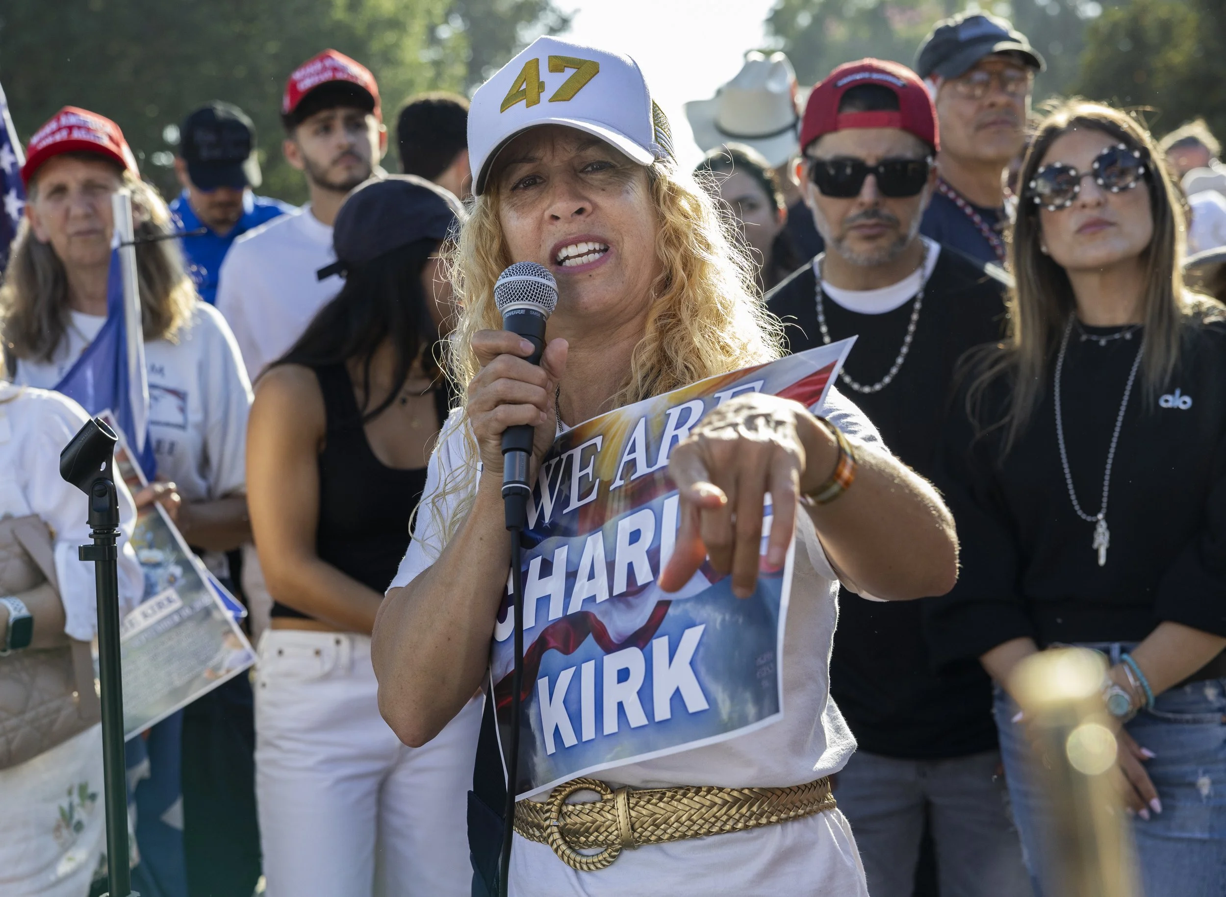 Shiva Bagheri, the organizer for the Beverly Hills Freedom Rally, speaks at a vigil held in Beverly Hills, Calif., on Sunday, Sept 14, 2025, after Charlie Kirk’s assassination.(Jake Crandall | The Corsair)