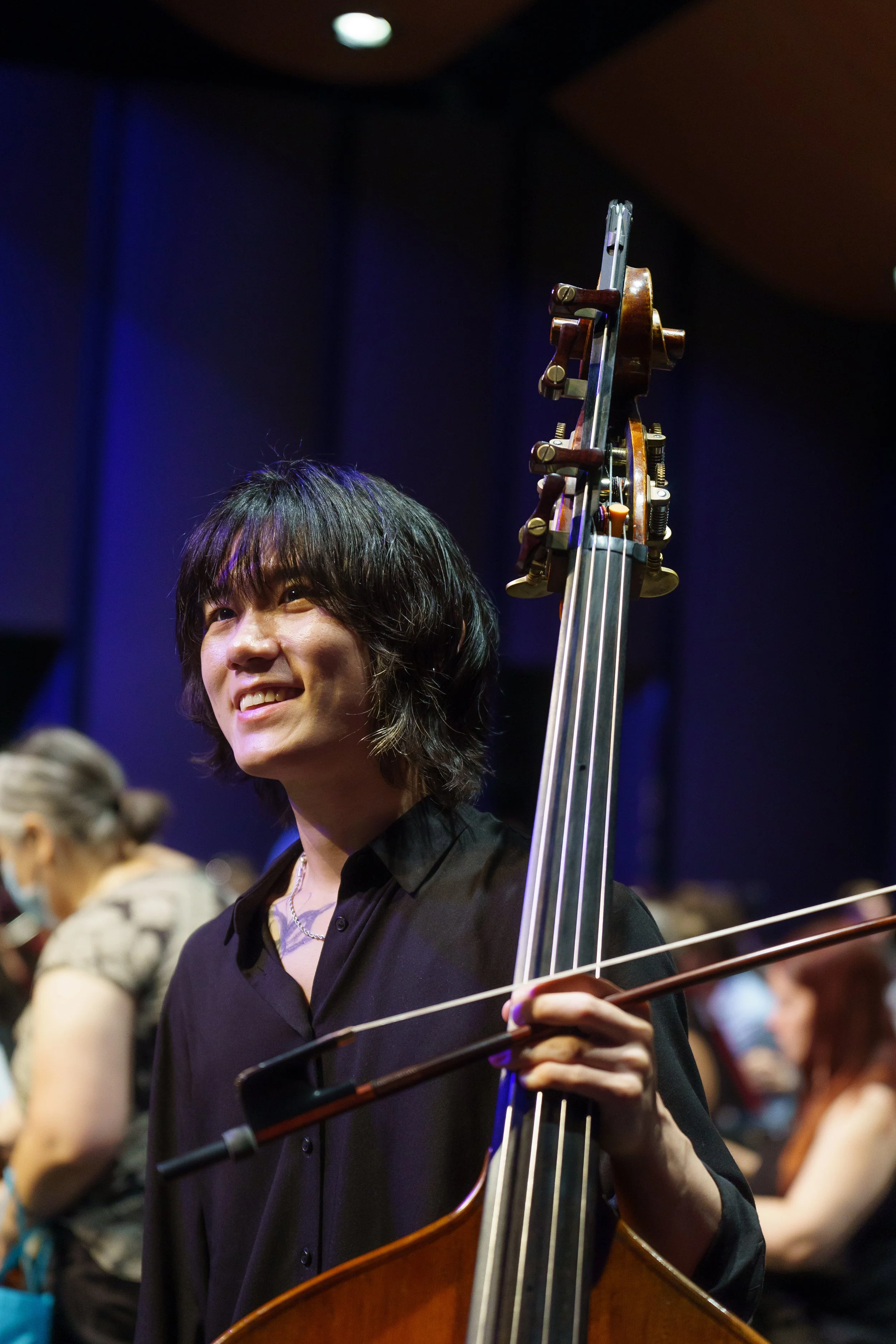 Alan Wang, double bass, during the dress rehearsal for Orchestra Santa Monica's “Classical Jukebox” for the same day's performance at BroadStage in Santa Monica, Calif. on September 7, 2025. (Elizabeth Bacher | The Corsair)
