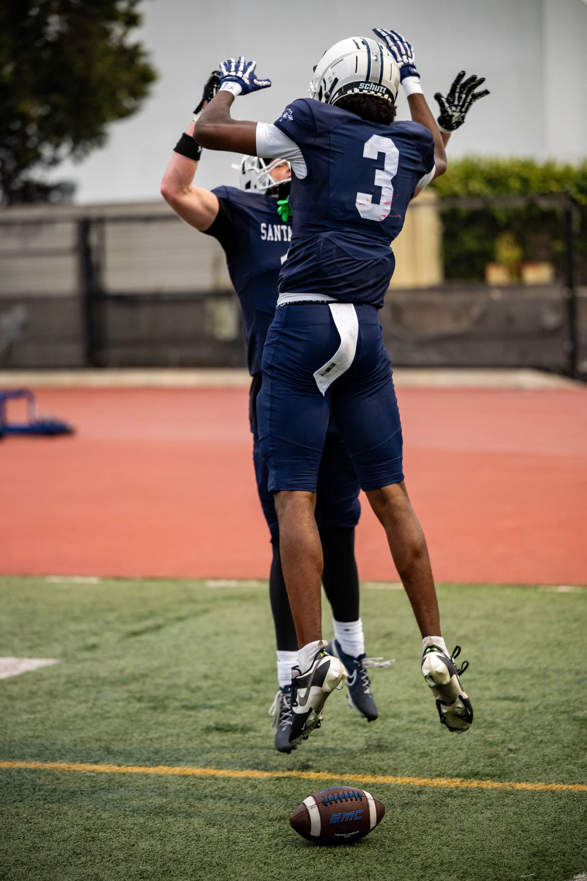 Santa Monica College (SMC) Corsair WR (3) Elijah Aaron celebrating after scoring on Saturday, September 20, 2025, Santa Monica,Calif. The Corsairs won 66-28. (Tom Rosholt | The Corsair)