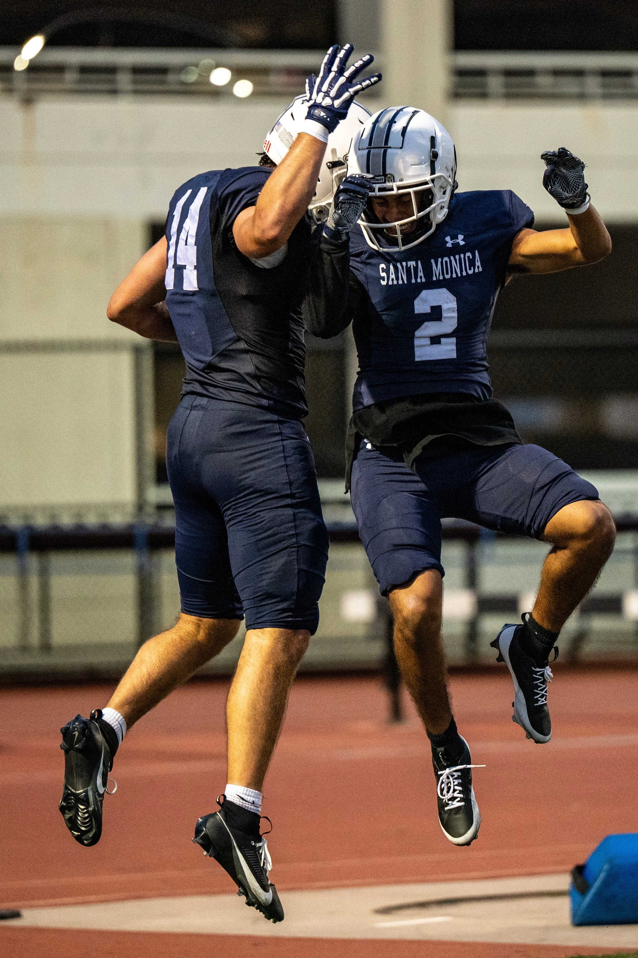 Santa Monica College (SMC) Corsair TE (14) Bryson Woods celebrating with WR (2) Ramon Galvez III on Saturday, September 20, 2025, Santa Monica,Calif. The Corsairs won 66-28. (Tom Rosholt | The Corsair)