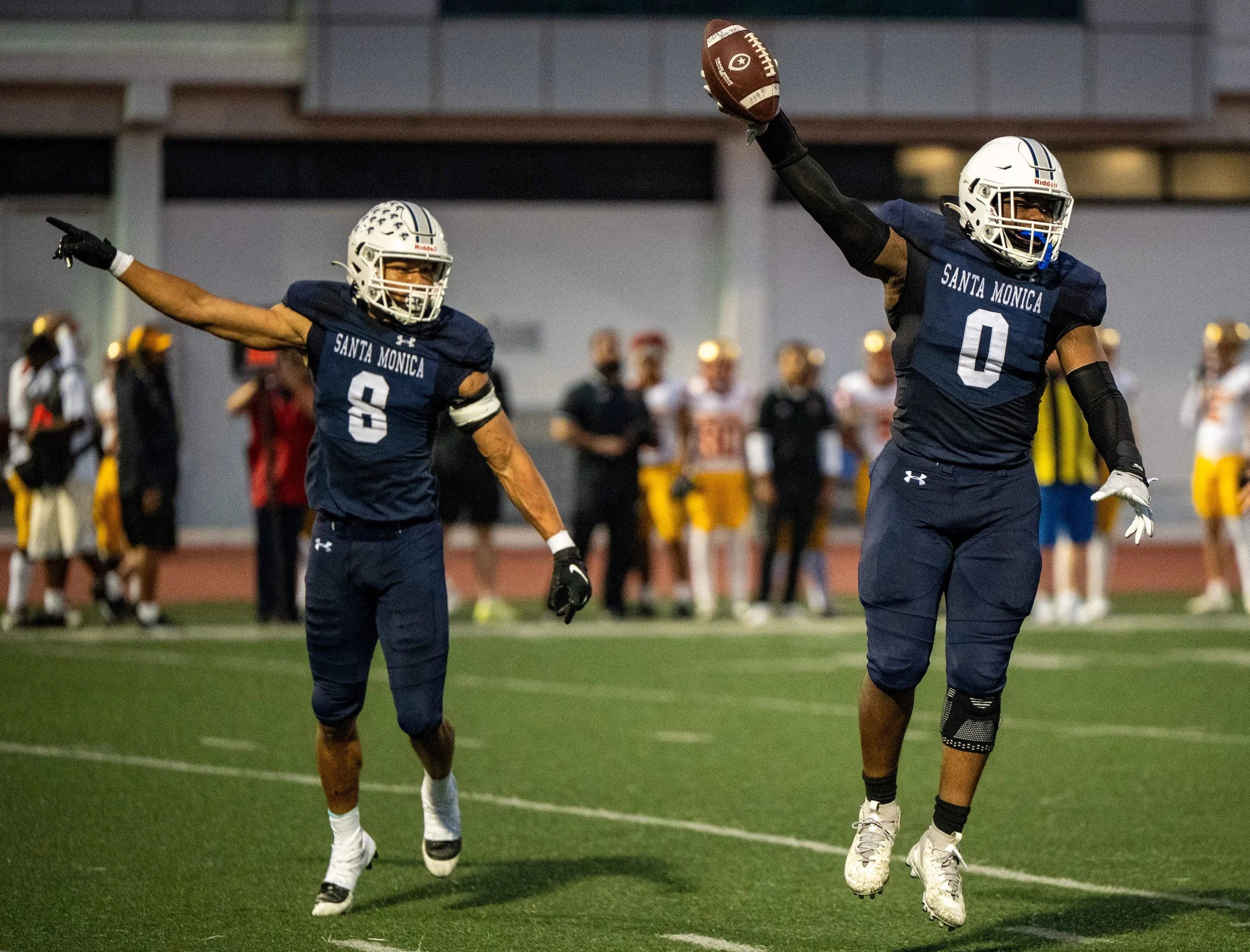 Santa Monica College (SMC) Corsair LB (0) Sherif Djato celebrates fumble recovery on Saturday, September 20, 2025, Santa Monica,Calif. The Corsairs won 66-28. (Tom Rosholt | The Corsair)