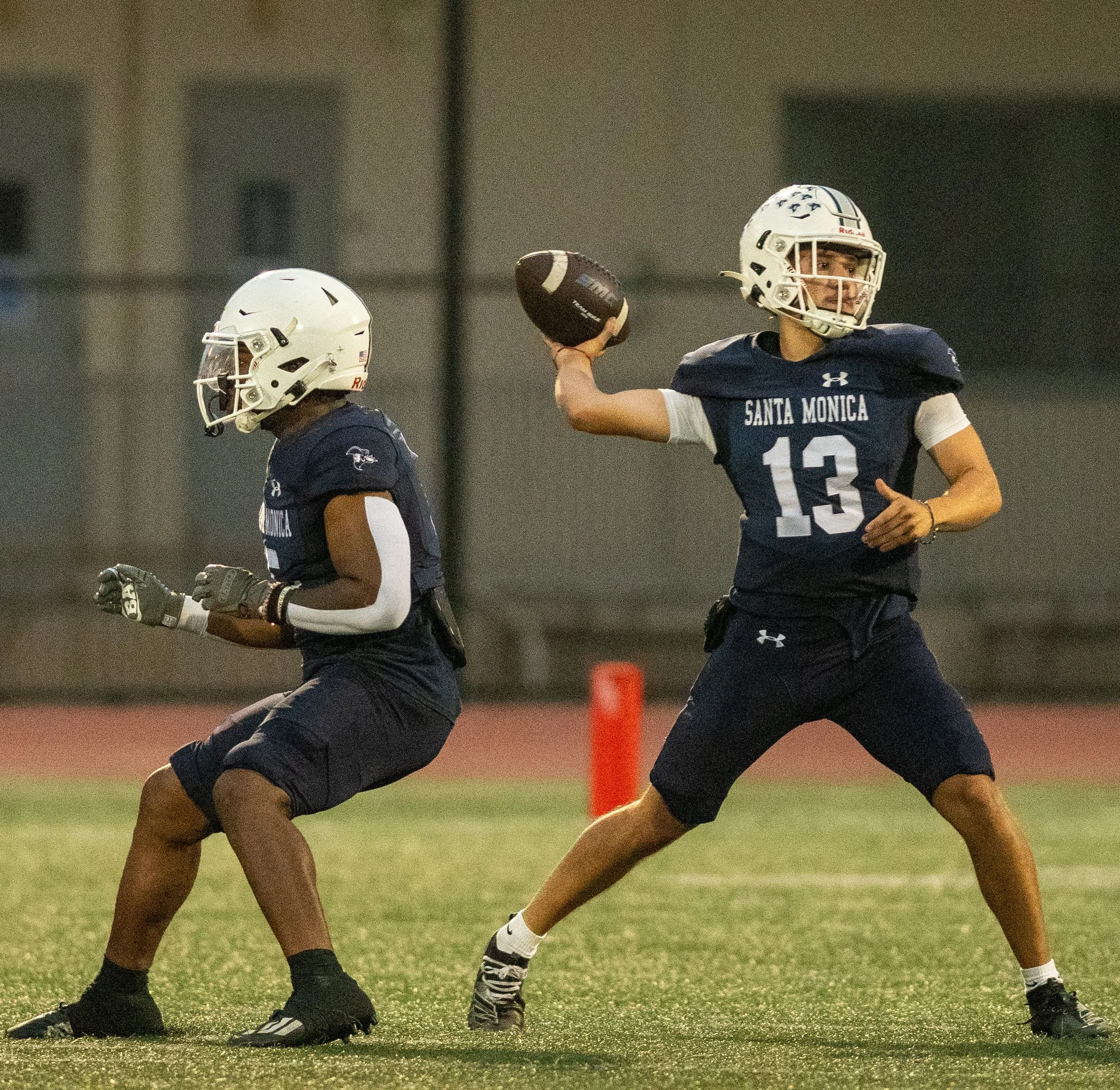 Santa Monica College (SMC) Corsair QB (13) Dylan Moreno throws screen pass on Saturday, September 20, 2025, Santa Monica,Calif. The Corsairs won 66-28. (Tom Rosholt | The Corsair)